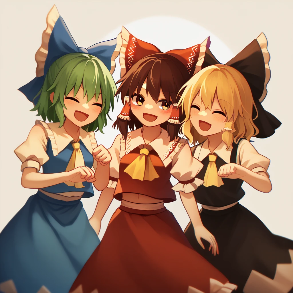 3girls, chibi, cute, playful, touhou project, reimu hakurei, marisa kirisame, cirno, (reimu hakurei and marisa kirisame pointing and laughing at cirno), with "baka ⑨" texts viewing up and down the frame, highly detailed, masterpiece, 8k, cinematic lighting, vibrant colors, soft pastel palette, whimsical, magical, fantasy