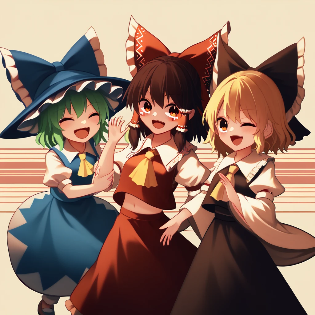 3girls, chibi, cute, playful, touhou project, reimu hakurei, marisa kirisame, cirno, (reimu hakurei and marisa kirisame pointing and laughing at cirno), with "baka ⑨" texts viewing up and down the frame, highly detailed, masterpiece, 8k, cinematic lighting, vibrant colors, soft pastel palette, whimsical, magical, fantasy