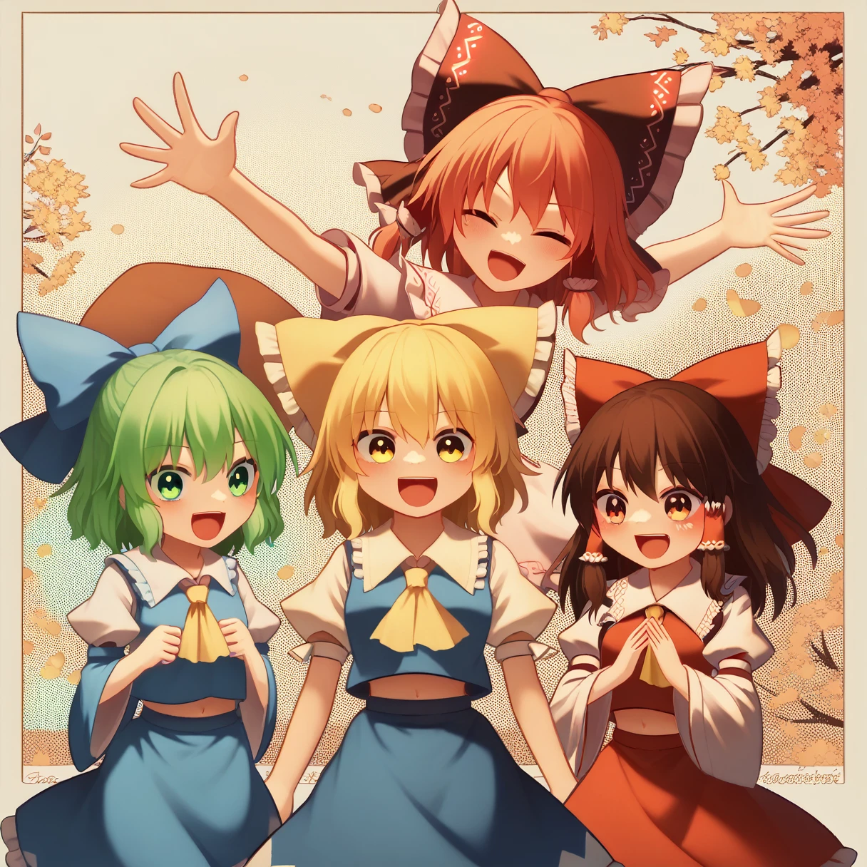 3girls, chibi, cute, playful, touhou project, reimu hakurei, marisa kirisame, cirno, (reimu hakurei and marisa kirisame pointing and laughing at cirno), with "baka 9" texts viewing up and down the frame, highly detailed, masterpiece, 8k, cinematic lighting, vibrant colors, soft pastel palette, whimsical, magical, fantasy