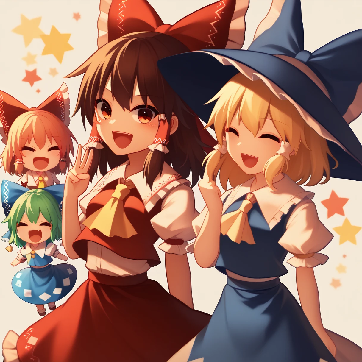 3girls, chibi, cute, playful, touhou project, reimu hakurei, marisa kirisame, cirno, (reimu hakurei and marisa kirisame pointing and laughing at cirno), with "baka 9" texts viewing up and down the frame, highly detailed, masterpiece, 8k, cinematic lighting, vibrant colors, soft pastel palette, whimsical, magical, fantasy