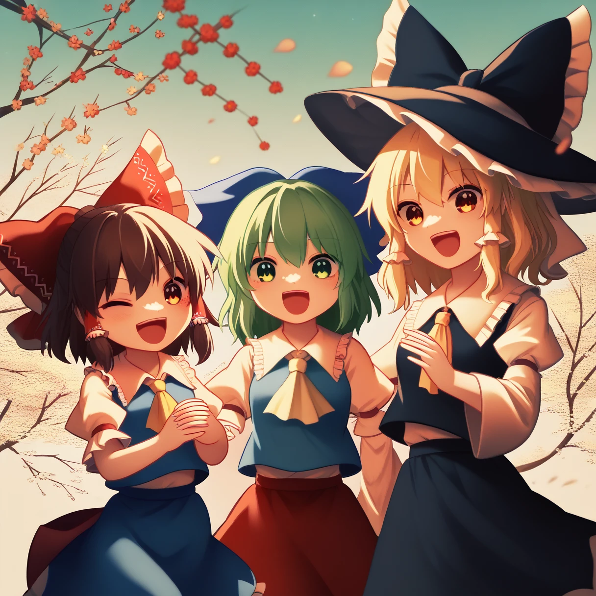 3girls, chibi, cute, playful, touhou project, reimu hakurei, marisa kirisame, cirno, (reimu hakurei and marisa kirisame pointing and laughing at cirno), with "baka 9" texts viewing up and down the frame, highly detailed, masterpiece, 8k, cinematic lighting, vibrant colors, soft pastel palette, whimsical, magical, fantasy