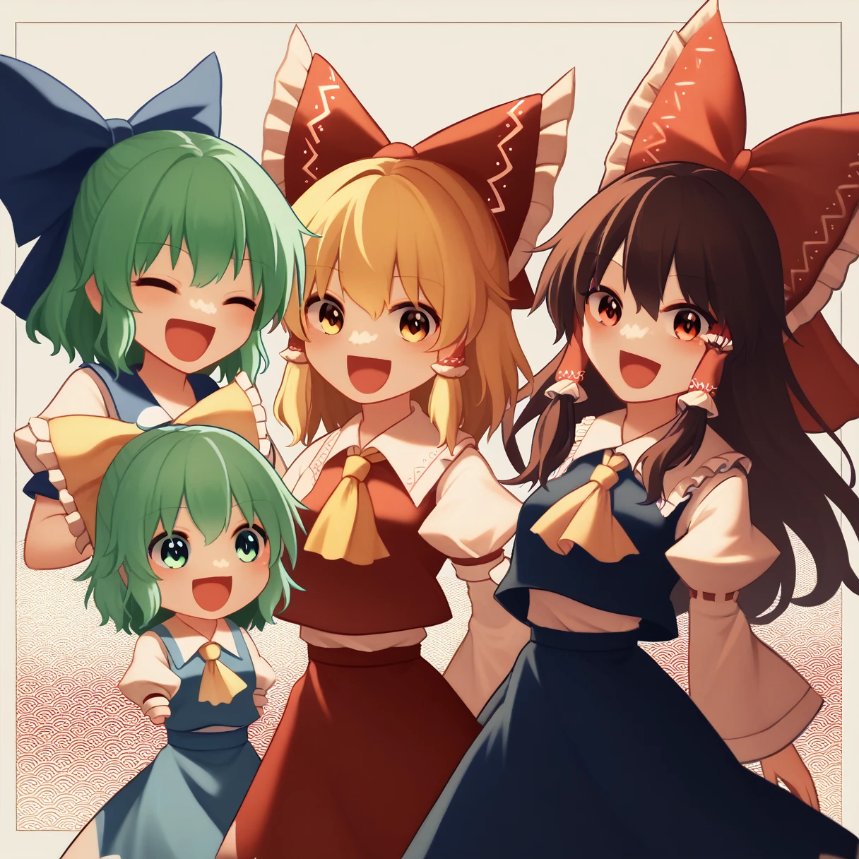 3girls, chibi, cute, playful, touhou project, reimu hakurei, marisa kirisame, cirno, (reimu hakurei and marisa kirisame pointing and laughing at cirno), with "baka 9" texts viewing up and down the frame, highly detailed, masterpiece, 8k, cinematic lighting, vibrant colors, soft pastel palette, whimsical, magical, fantasy