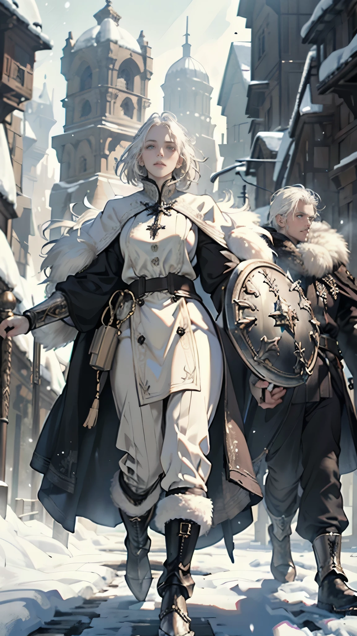 masterpiece, ultra detailed, 8K Portrait, Raw photo, man's portrait photography, full body, Highly detailed face, ((Fantasy)), 1 woman, (((Giant))), (((demi-human))), taller than a tree, (((white hair))), (((albino))), (((skin as white as snow))), hairy body, (((Great helm))), fur cloak, (((shirtless))), loincloth, (((iron boots))), ((swing up a huge club)), ((equip a large shield)), Midday Sun, Hyper realistic, Strong body, in the icey land, outdoor, Ambient lighting, Shadow details , Camera focus on face, strong breeze, Light fog