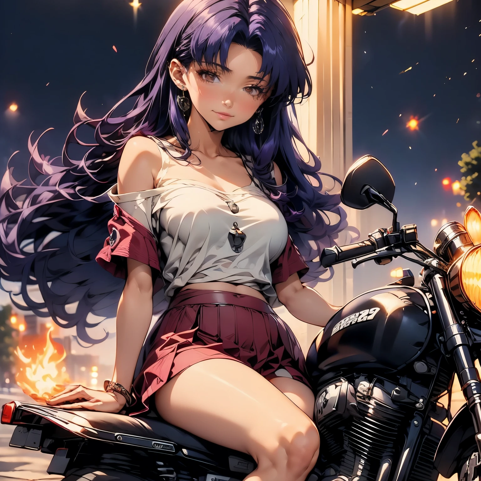 (masterpiece), best quality, 1girl, expressive eyes, perfect face, (purple hair), perfect anatomy, full body, 4k, HDR, full HD, solo, , misato katsuragi, purple hair, long hair, (brown eyes:1.5), she is sitting driving a motorcycle that floats and emits a blue flame, short sleeves, off-shoulder, pink short dress