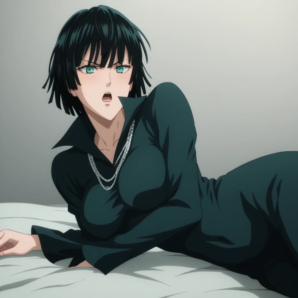 score_9, score_8_up, score_7_up, sauce_anime, ambient light,                                                                                                                                                                             
fubuki, fubuki \(one-punch man\), tall girl, 1 girl ,black hair,  deep green eyes, short hair,,, furrowed brow ,  wince, frown, close up face:0.2,                       
nsfw, (show off breast), navel ,, undress dress, black dress , high collar, jewelry, necklace, , taut clothes, taut dress, ,, (in lace panties),                                                                                                                                                                                                                               indoors,, bed ,realistic bed room, (on side),                                                                                                                                                    
cowboy shot,, looking at viewer, solo, dutch angle, blush,, , open mouth, saliva,, large breasts