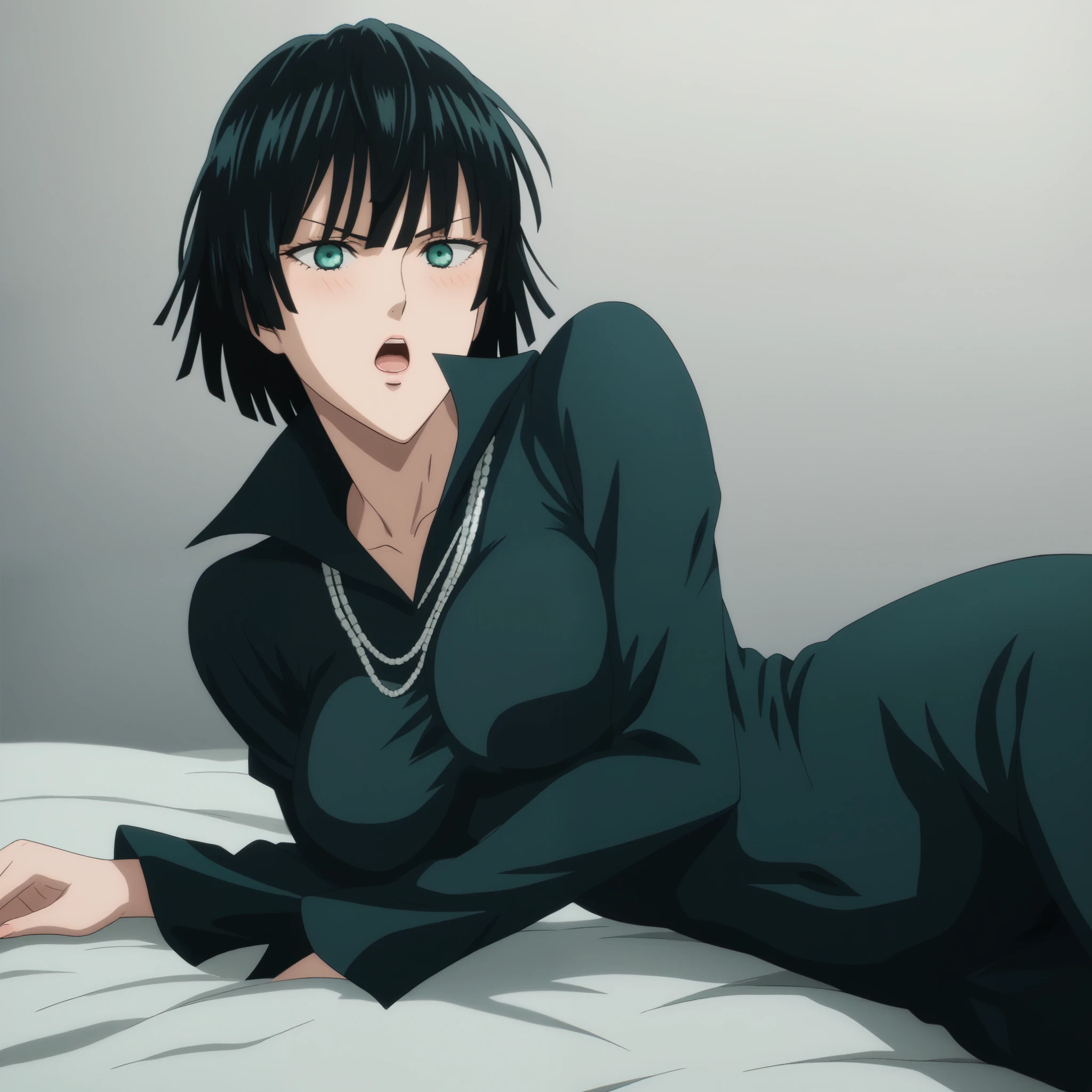 score_9, score_8_up, score_7_up, sauce_anime, ambient light,                                                                                                                                                                             
fubuki, fubuki \(one-punch man\), tall girl, 1 girl ,black hair,  deep green eyes, short hair,,, furrowed brow ,  wince, frown, close up face:0.2,                       
nsfw, (show off breast), navel ,, undress dress, black dress , high collar, jewelry, necklace, , taut clothes, taut dress, ,, (in lace panties),                                                                                                                                                                                                                               indoors,, bed ,realistic bed room, (on side),                                                                                                                                                    
cowboy shot,, looking at viewer, solo, dutch angle, blush,, , open mouth, saliva,, large breasts