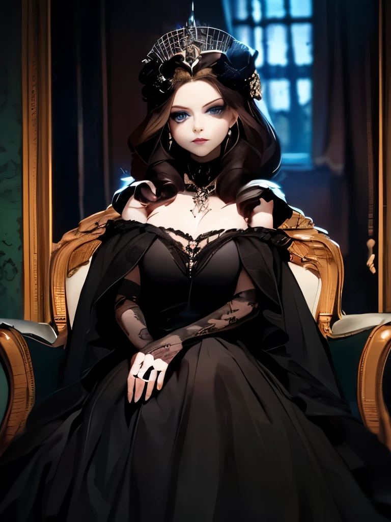 Uma mulher adulta,com longos cabelos negros sedosos,olhos verdes, red thin lips,rosto redondo,seios grandes empinados,quadris largos,tom de pele branco, wearing a long black gothic dress of the French aristocracy,sensual e atraente,sentada em um poltrona vermelha pomposa, setting a room in the classic baroque style, poor lighting,tons dark,167m,49 kg,obra prima,arte detalhada de uma vampira