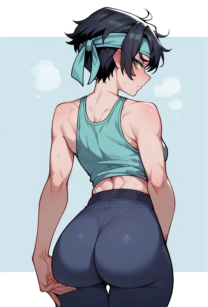 A woman, black hair, short hair, green eyes, royal blue headband,royal blue tank top,Right hand on waist, black leggings,Workout clothes, shy,pointy hair,Big ass