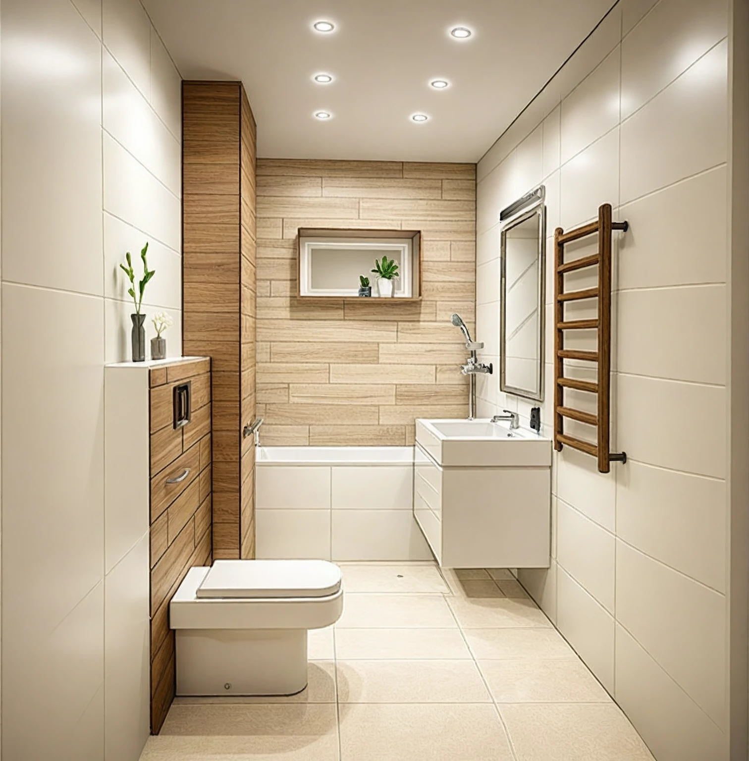 (RAW photo, masterpiece, best quality,ultra-detailed, extremely delicate and beautiful, highresolution, best shadow:1.1), ((neo classical )) ,( Water closet and toilet : 1.3 ) tv cabinet, reflective floor, (white and BEIGE wall), grey wall accent, wine racks, wooden ceiling fan, white ceiling, plant and flower, interior lighting, realistic lighting