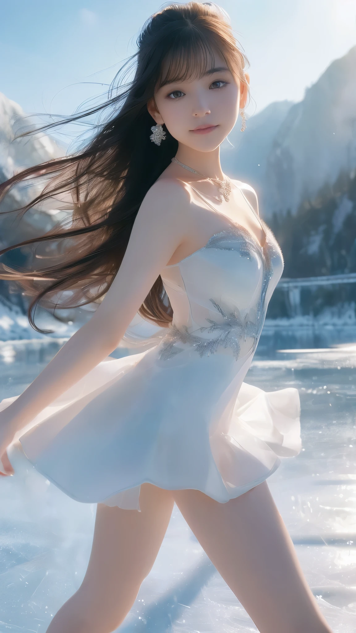 Ice Skater,
, 1 girl,
Long black hair, bangs,
Windblown hair,
(Bunny eared girl)
Double eyelids,
(Makeup: 0.9),
(Perfect face. Delicate face),
(Jewelry, necklace, earrings),
(White skin),
(Adult body type),
Kirara Jump, Perfect body.
(Tall adult body type, Medium firm breasts, Slim waist),
(Beautiful thighs, Raised arms),
(Dynamic Low Angle, Beautiful highlights).
((Happy smiling facial expression:1.1)),
(Moderate firm breasts:1.1),
(Cleavage),
((Thin mini skirt tube dress flares:1.3)),
(Floating dress),
(Proud of her costume),
(Playing ice skating:1.2),
(Ice skating shoes),
(Realistic background, under the mountains on a frozen lake:1.3),
(Looking at the audience,
Detailed face, Proudly, Pull your chin in, A girl wearing a shining and luxurious idol white dress, playing ice skating, on a frozen lake),
(Overexposure),
(Beautiful fashion showing bare thighs and legs)
(Breast flash, Rough skin, Long hair),
((Beautiful brown eyes)),
(Smooth and beautiful eyes, Beautiful eyes with light、Shiny hair、Reflective eyes、Embarrassing),
(Red face:1),
(8k wallpaper, Full thick photo、Light reflected, Most detailed、Complex, Smooth background、Rough skin、Smooth skin), (Super resolution), Chirarizum、(whole body、美しいwhole body像、body type).