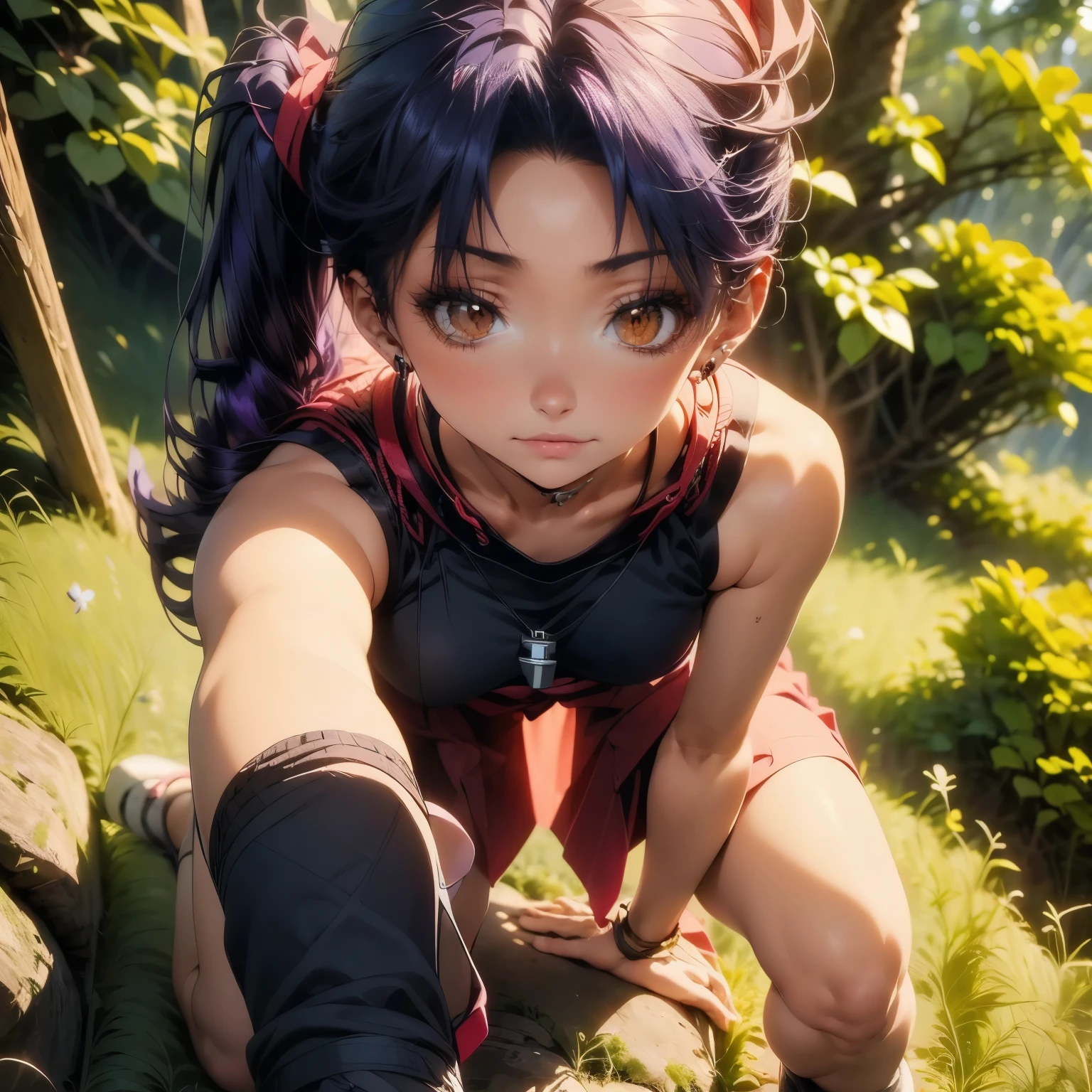 (masterpiece), best quality, 1girl, expressive eyes, perfect face, (purple hair), perfect anatomy, full body, 4k, HDR, full HD, solo, , misato katsuragi, purple hair, long hair, (brown eyes:1.5), short hair, twintails, videl2, She is training in the forest, under a huge cedar tree,