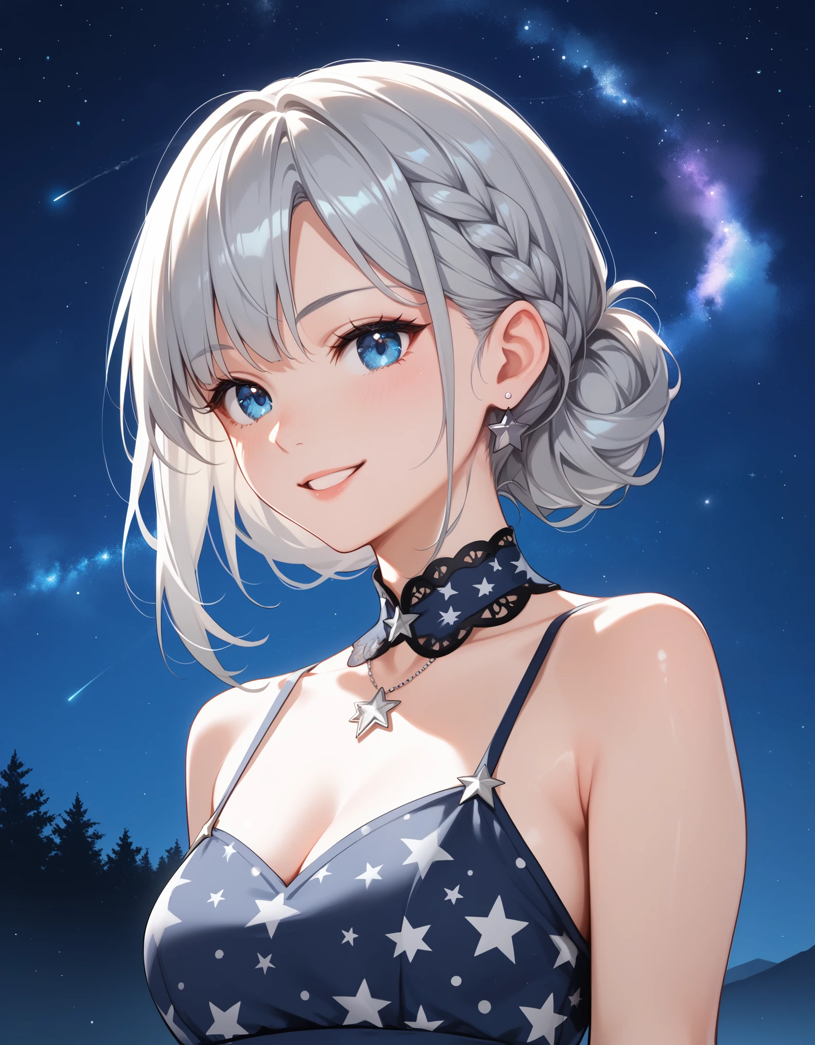 score_9, score_8_up, score_7_up, 1girl, long silver hair, upper body, blue eyes, arms at side, outdoors, starry night, long grey star print dress, smile,