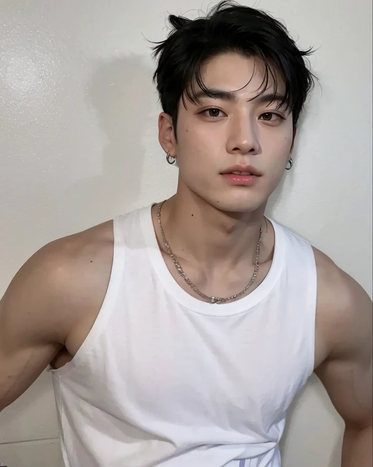 hyunstayv2, front facing, twink, parted lips, (ultra realistic:1.2), (intricate:1.2), (looking at viewer:1.2), wearing tight white sleevess undershirt and tight white skimpy speedos, laying down on classroom desk, arms up over head, hairy armpit, long armpit hair, sweaty body, sweatu clothes, sweaty armpit hair, mouth gapkng, tongue out, (((crotch bulge))), ahegao