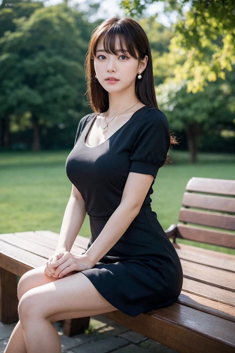  Best Quality, masterpiece, High resolution, Realistic, RAW Photo 8k Wallpaper, perfection, Professional Lighting, Very detailed, Written boundary depth, One Girl, Mature, Dark night in the park, mini skirt dress、one piece、High heels,Pearl Earrings、Pearl Pendant、 (look at viewer), Detailed face, Beautiful Eyes, Sit on a bench, bangs, Shapely small breasts,flash photography、Angle from below、Strong winds