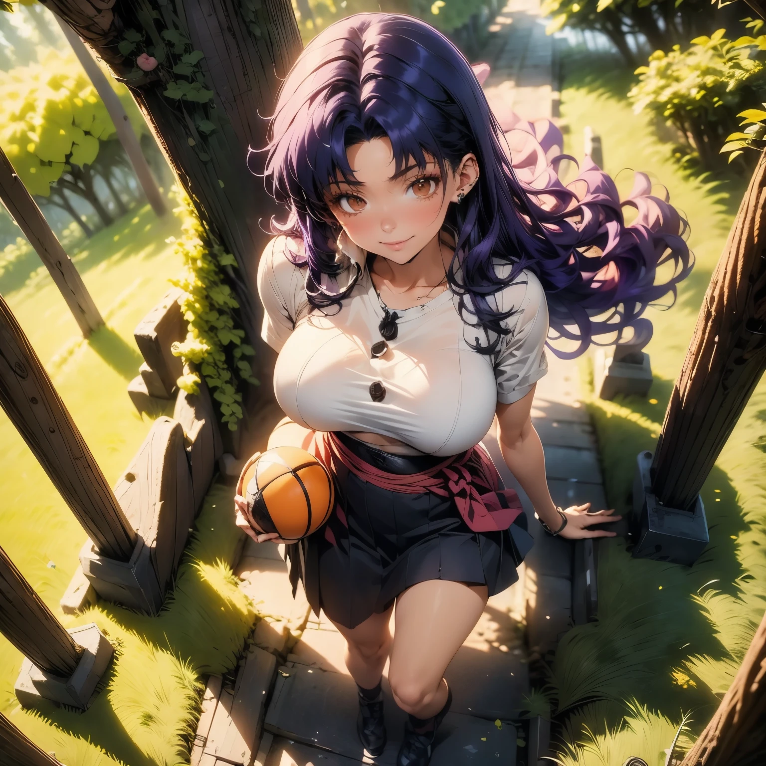 (masterpiece), best quality, 1girl, expressive eyes, perfect face, (purple hair), perfect anatomy, full body, 4k, HDR, full HD, solo, , misato katsuragi, purple hair, long hair, (brown eyes:1.5), She is training in the forest, under a huge cedar tree, She is training a charmander in the forest, at her waist she carries a master ball,