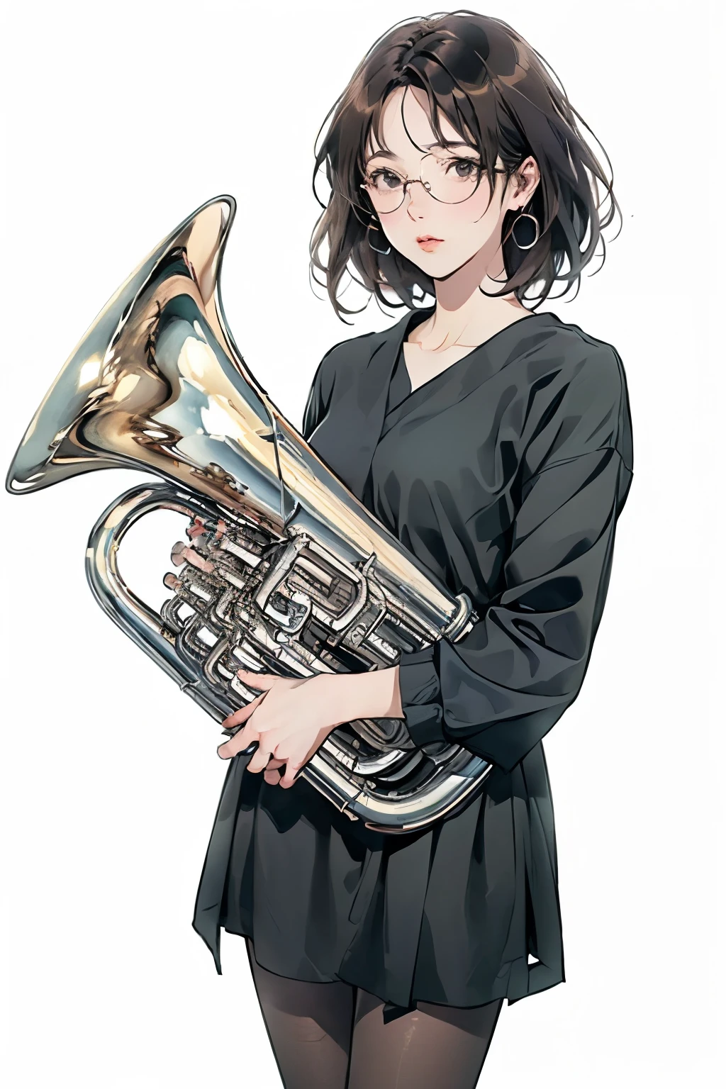 (Best Quality、masterpiece)、(Concept Art)、(Avatar)、(icon)、((One Woman))、((Alone))、(Playing the Euphonium:1.2), Alone, (Draw the Euphonium Shape Accurately:1.4)、Standing、(From before)、Office Lady,suit,Pantyhose short hair, Semi-rimless eyewear,(Looking at the camera)、 (Soft Light)、(Soft Shading)、 (Pastel colors)、(ink)、(Sketch Style)、(bright)、(Sargent-style watercolor)、(Edmund Leighton Style)、((White background))、((Plain Background))、