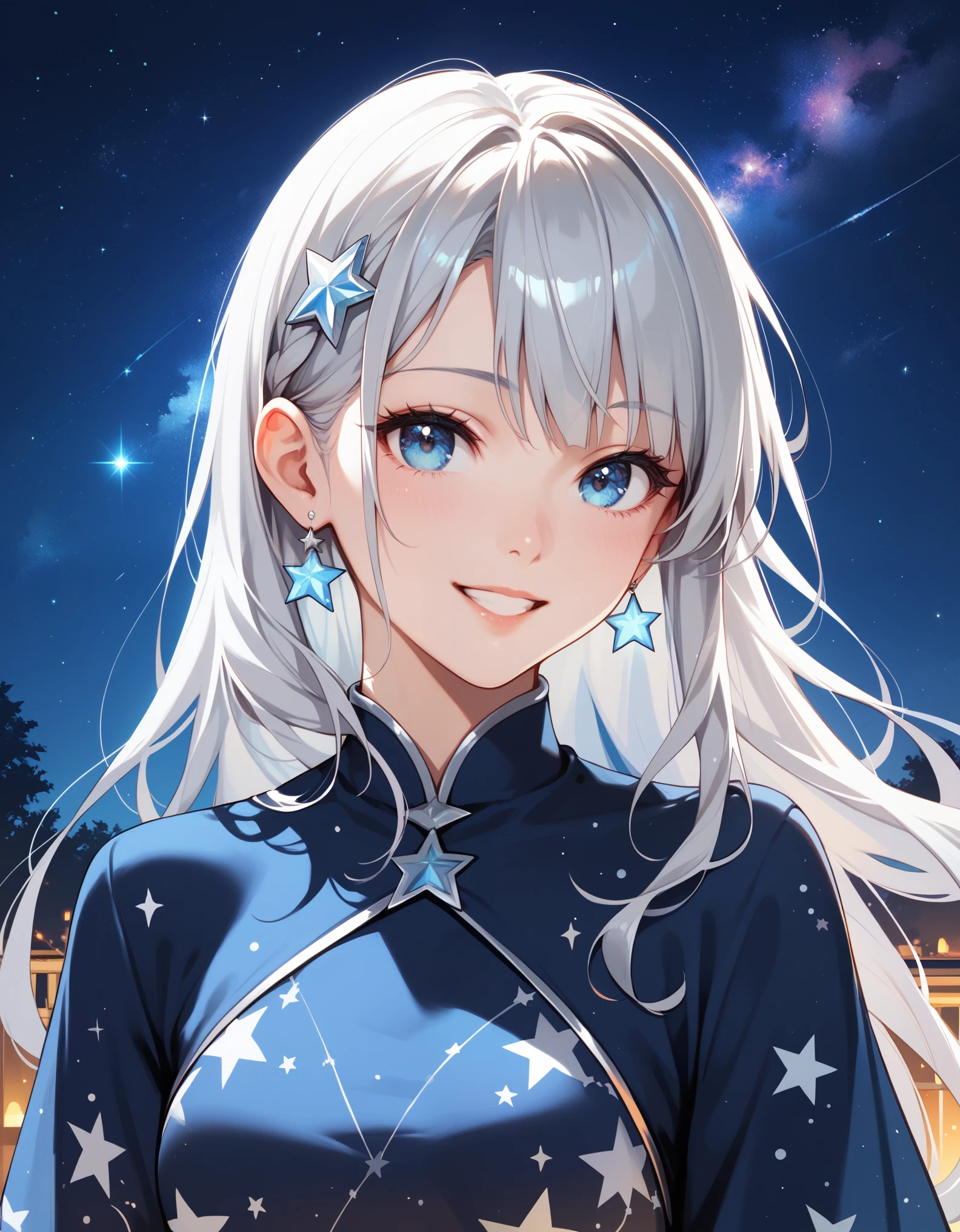 score_9, score_8_up, score_7_up, 1girl, long silver hair, upper body, blue eyes, arms at side, outdoors, starry night, long grey star print dress, smile,