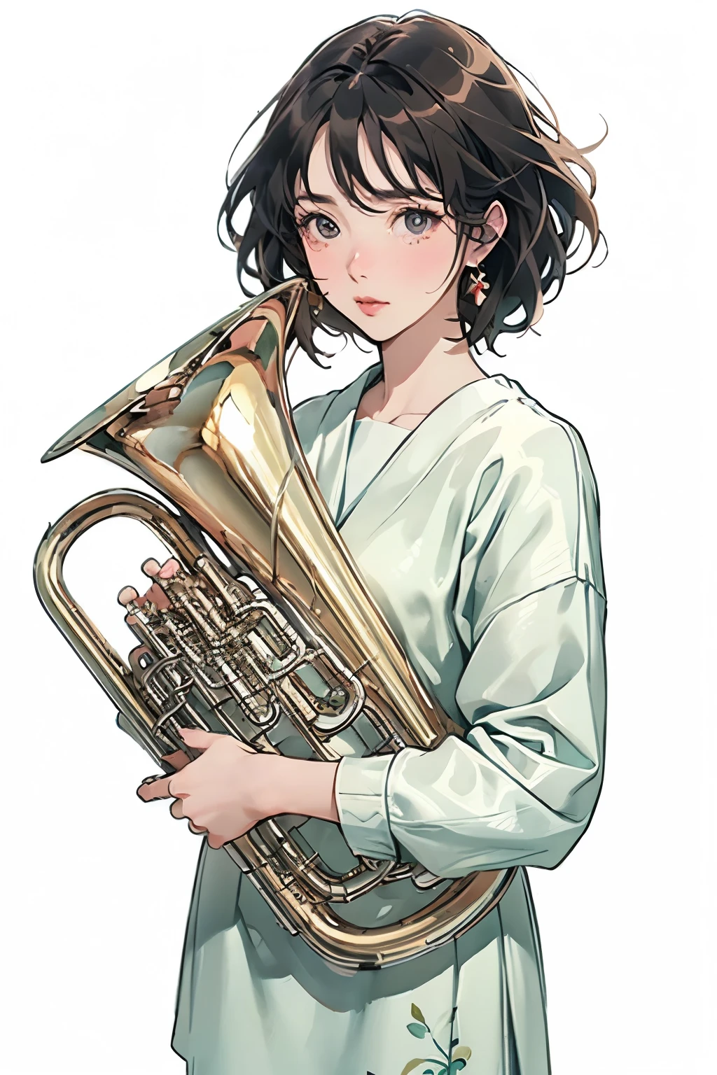 (Best Quality、masterpiece)、(Concept Art)、(Avatar)、(icon)、((One Woman))、((Alone))、(Playing the Euphonium:1.2), Alone, (Draw the Euphonium Shape Accurately:1.4)、Standing、(From before)、Office Lady,suit,Pantyhose short hair, Semi-rimless eyewear,(Looking at the camera)、 (Soft Light)、(Soft Shading)、 (Pastel colors)、(ink)、(Sketch Style)、(bright)、(Sargent-style watercolor)、(Edmund Leighton Style)、((White background))、((Plain Background))、