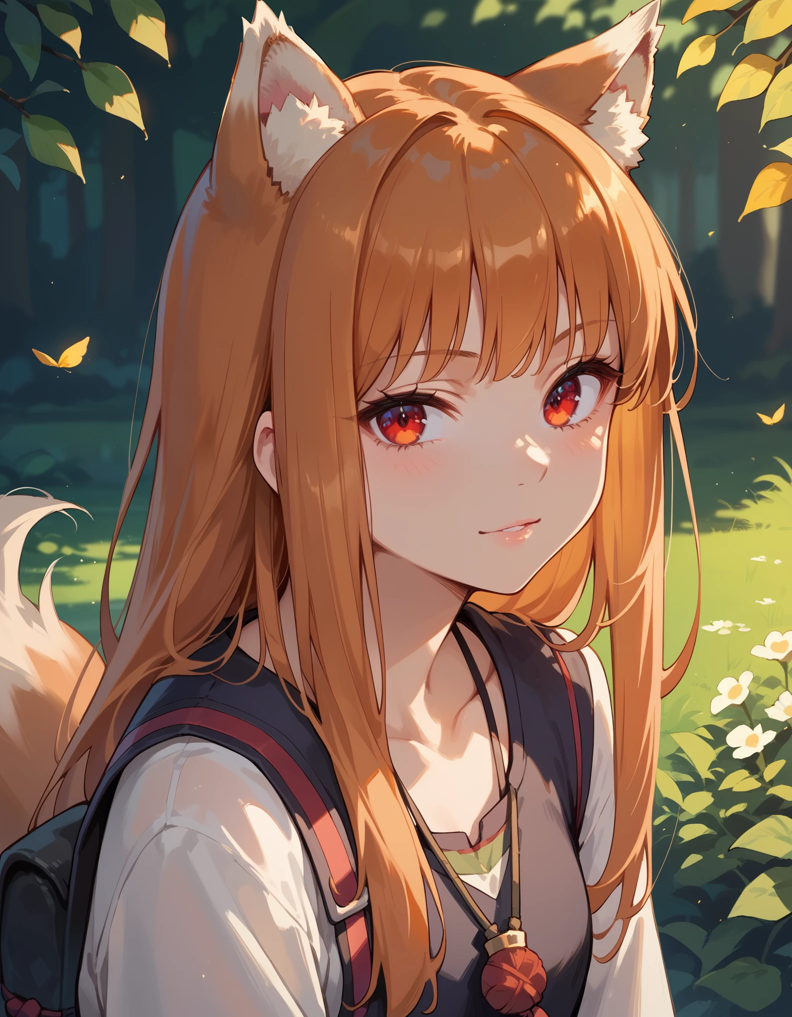 score_9, score_8_up, score_7_up, score_6_up, holo, 1girl, wolf ears, long hair, solo, red eyes, ginger hair, wolf tail,