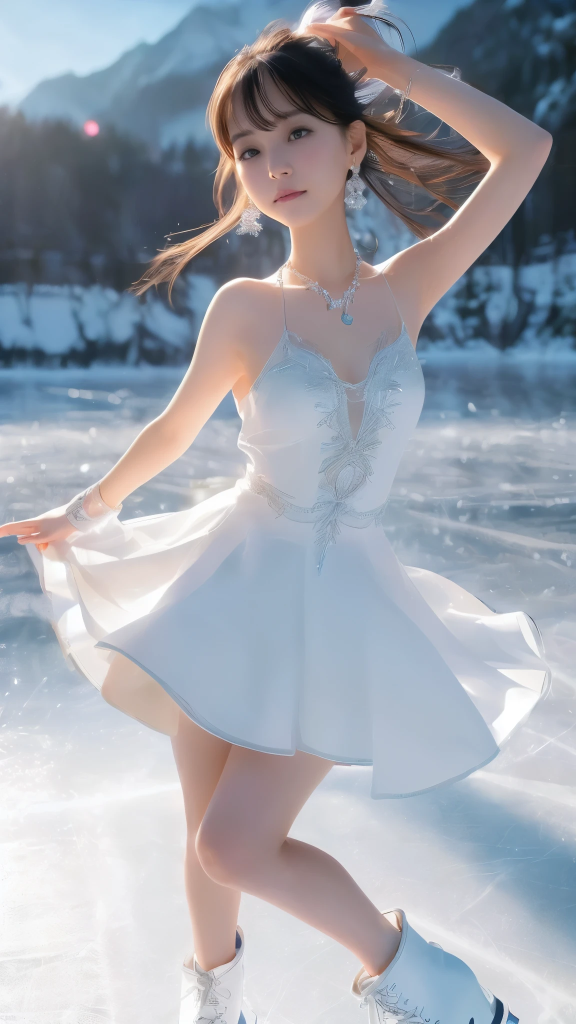 Ice Skater,
17, 1 girl,
Long black hair, bangs,
Windblown hair,
(Bunny eared girl)
Double eyelids,
(Makeup: 0.9),
(Perfect face. Delicate face),
(Jewelry, necklace, earrings),
(White skin),
(Adult body type),
Kirara Jump, Perfect body.
(Tall adult body type, Medium firm breasts, Slim waist),
(Beautiful thighs, Raised arms),
(Dynamic Low Angle, Beautiful highlights).
 ((Happy smiling facial expression:1.1)),
(Moderate firm breasts:1.1),
(Cleavage),
((Thin mini skirt tube dress flares:1.3)),
(Floating dress),
(Proud of her costume),
(Playing ice skating:1.2),
(Ice skating shoes),
(Realistic background, under the mountains on a frozen lake:1.3),
(Looking at the audience,
Detailed face, Proudly, Pull your chin in, A girl wearing a shining and luxurious idol white dress, playing ice skating, on a frozen lake),
(Overexposure),
(Beautiful fashion showing bare thighs and legs)
(Breast flash, Rough skin, Long hair),
((Beautiful brown eyes)),
(Smooth and beautiful eyes, Beautiful eyes with light、Shiny hair、Reflective eyes、Embarrassing),
(Red face:1),
(8k wallpaper, Full thick photo、Light  reflected, Most detailed、Complex, Smooth background、Rough skin、Smooth skin), (Super resolution), Chirarizum、(whole body、美しいwhole body像、body type).