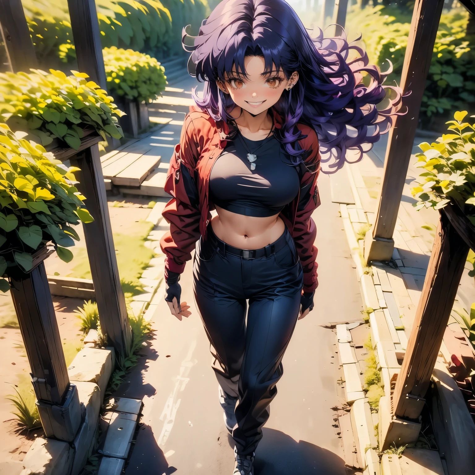 (masterpiece), best quality, 1girl, expressive eyes, perfect face, (purple hair), perfect anatomy, full body, 4k, HDR, full HD, solo, , He is walking through the forest, he has a very happy smile, and there is a lot of wind, crop top, red shirt, fingerless gloves, pants, orange bandana, purple hair, (brown eyes:1.5), long hair, misato katsuragi