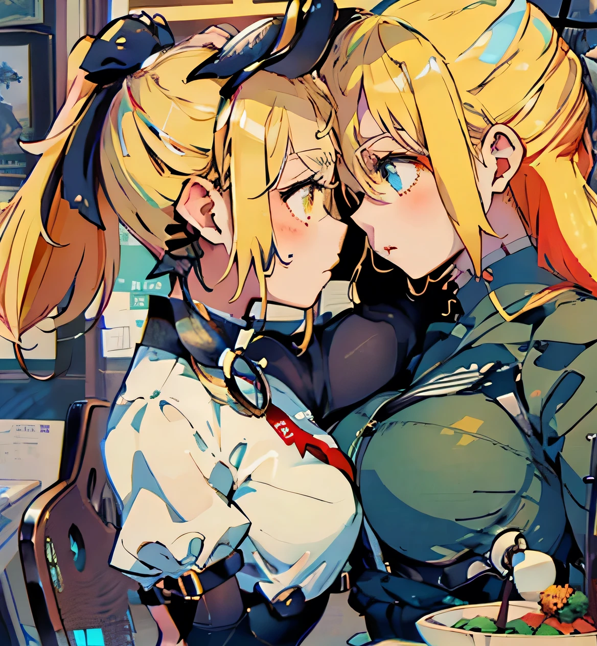 Two girls、Yuri、Kiss、Shine，masterpiece美しい4K, Best Quality, Oil painting portrait style， Cute face, Big Breasts,  blonde，High Ponytail，Pointed Ears，round frame glasses， PantyhosePlaid skirt，Star decoration