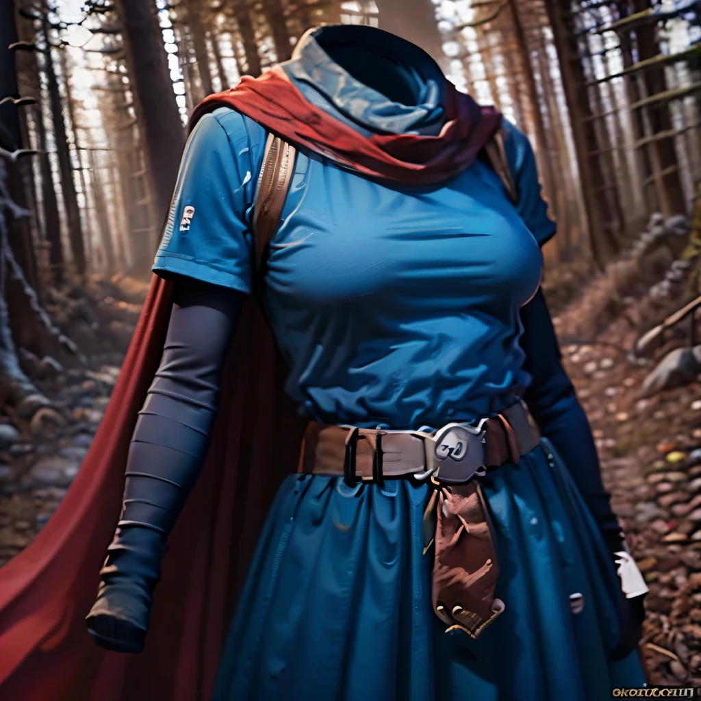 (8k, RAW photo, best quality, masterpiece:1.2), (realistic, photo-realistic:1.37), photon mapping, radiosity, ((Hasselblad photography)), physically-based rendering, (invisible, no humans, headless, faceless:1.5), barbara,cape,light blue dress,belt,socks,boots, (close-up shot of breast:1.3), in forest