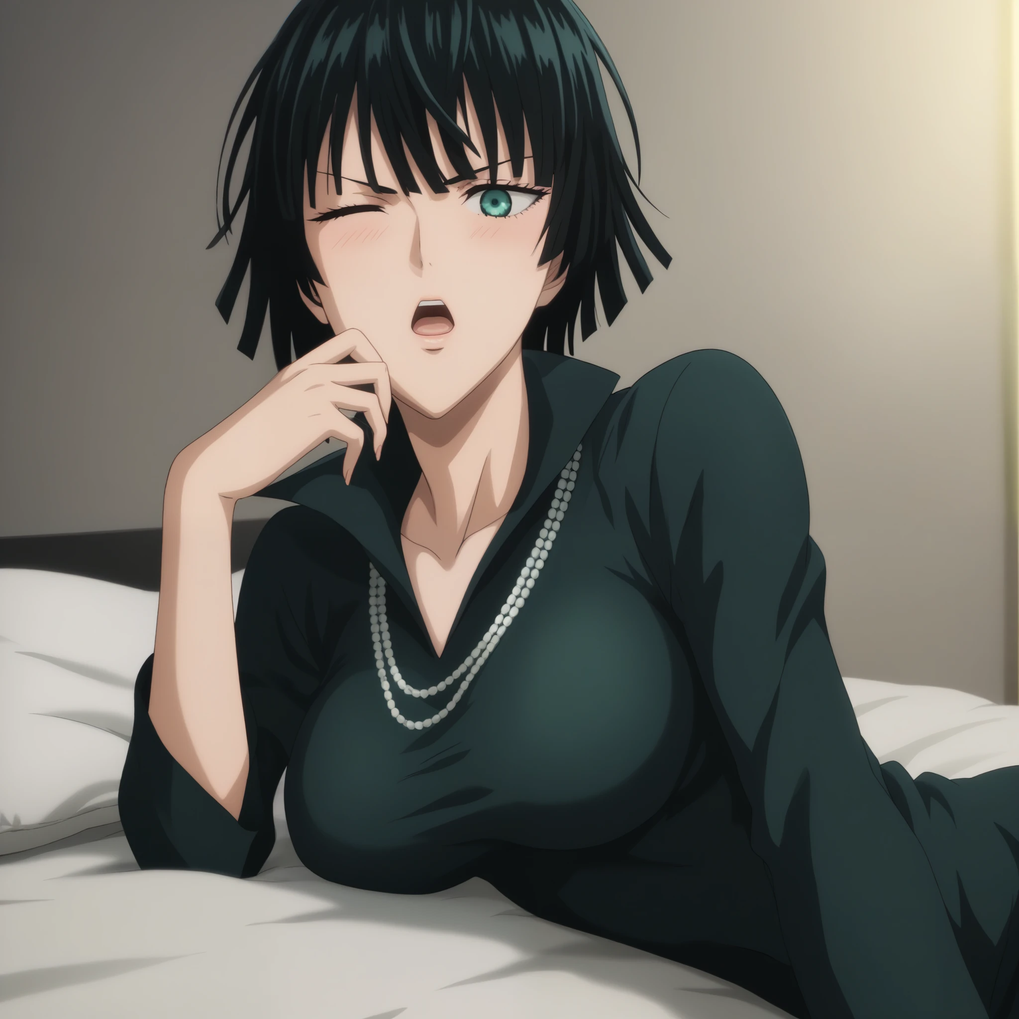 score_9, score_8_up, score_7_up, sauce_anime, ambient light,                                                                                                                                                                             
fubuki, fubuki \(one-punch man\), tall girl, 1 girl ,black hair,  deep green eyes, short hair,,, furrowed brow ,  wince, frown, close up face:0.2,                       
nsfw, (show off breast), navel ,, undress dress black dress , high collar, jewelry, necklace, , taut clothes, taut dress, ,, (in lace panties),                                                                                                                                                                                                                               indoors,, bed ,realistic bed room, (on side),                                                                                                                                                    
cowboy shot,, looking at viewer, solo, dutch angle, blush,, , open mouth, saliva,, large breasts