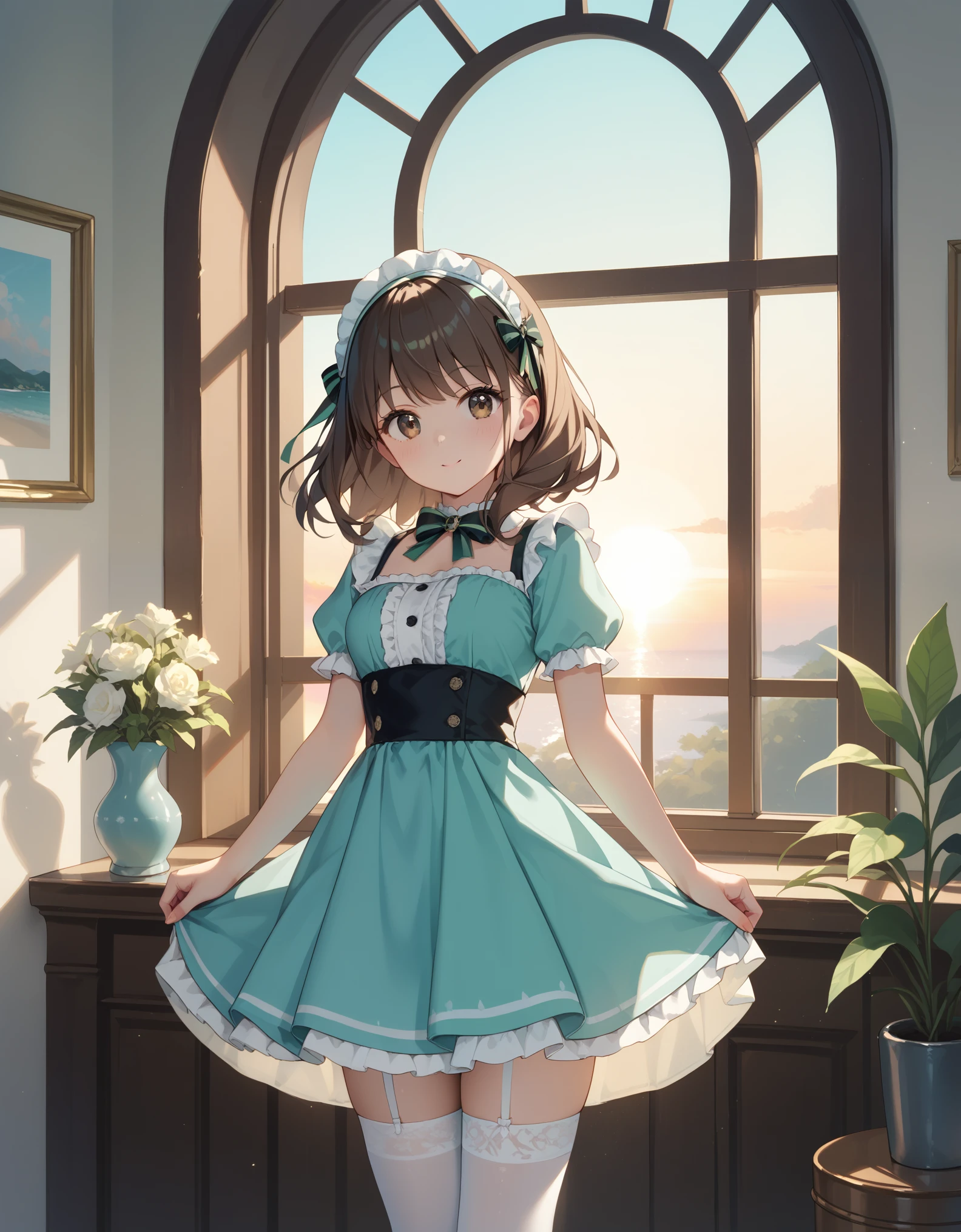 core_9, score_8_up, score_7_up, 1girl,late twenties, european, mint green wispy bangs hair, dark brown eyes, blue and white frill dress, (white stockings), cute face, standing, indoor, intricate detail, sunlight,, sunrise lighting, the soft, gradual light of a sunrise, symbolizing new beginnings and hope