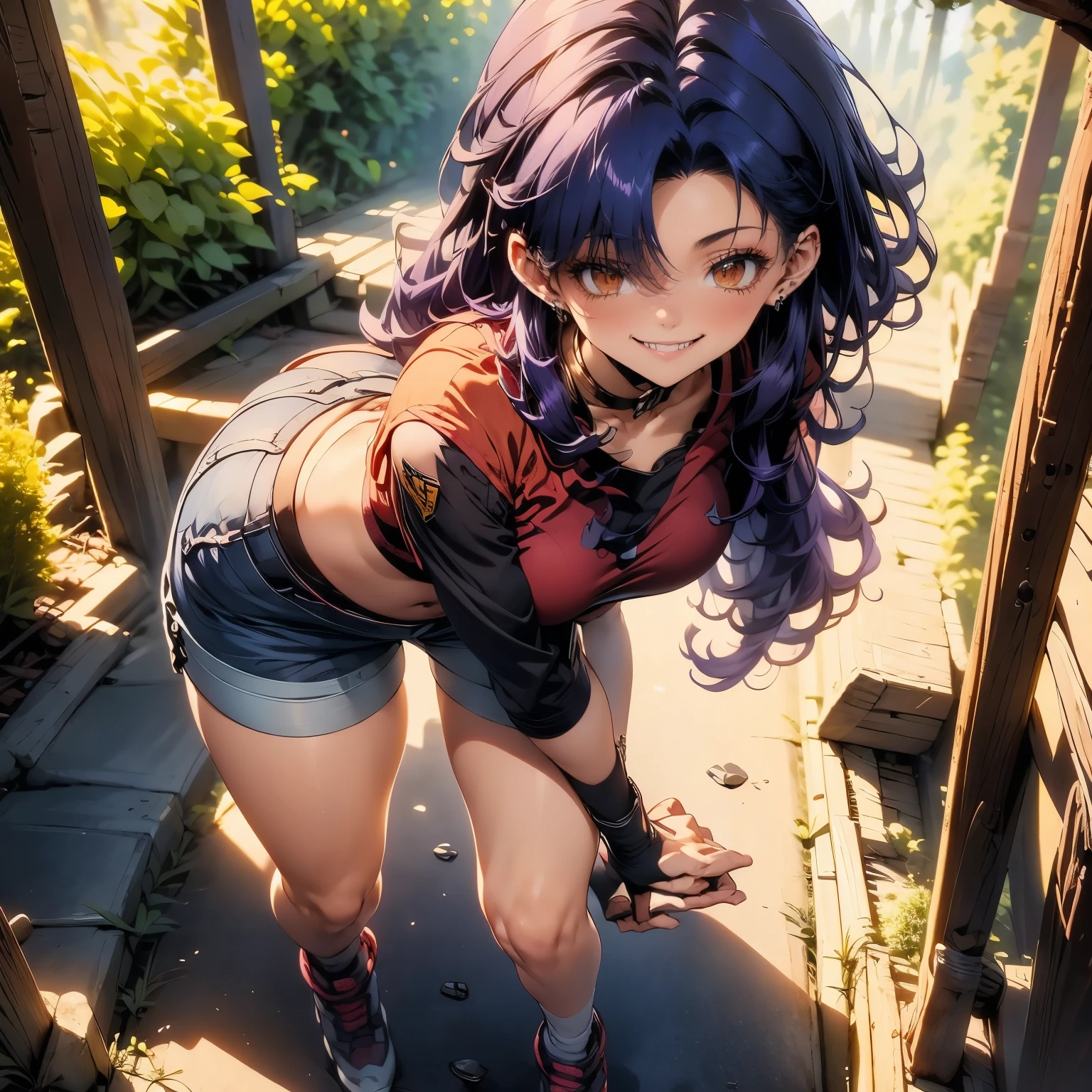 (masterpiece), best quality, 1girl, expressive eyes, perfect face, (purple hair), perfect anatomy, full body, 4k, HDR, full HD, solo, worn shorts, she is walking through the forest, she has a very happy smile, and some rays of the sun hit him right in one eye, making that eye wink, crop top, red shirt, fingerless gloves, orange bandana, purple hair, (brown eyes:1.5), long hair, misato katsuragi