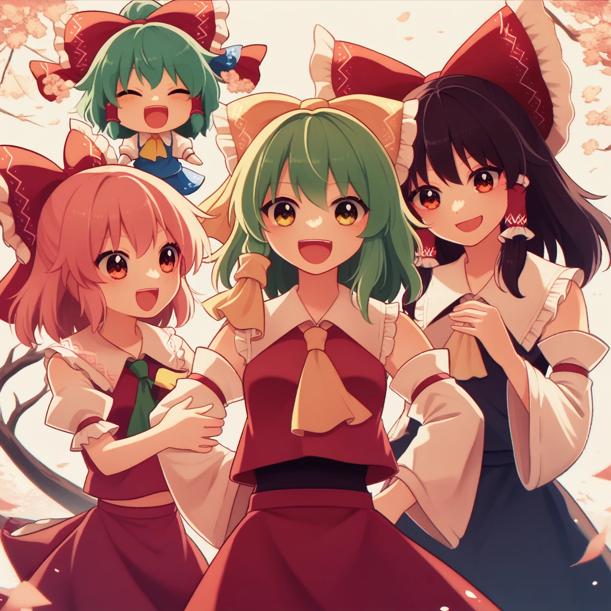 3girls, chibi, cute, playful, touhou project, reimu hakurei, marisa kirisame, cirno, (reimu hakurei and marisa kirisame pointing and laughing at cirno), with "baka 9" texts viewing up and down the frame, highly detailed, masterpiece, 8k, cinematic lighting, vibrant colors, soft pastel palette, whimsical, magical, fantasy