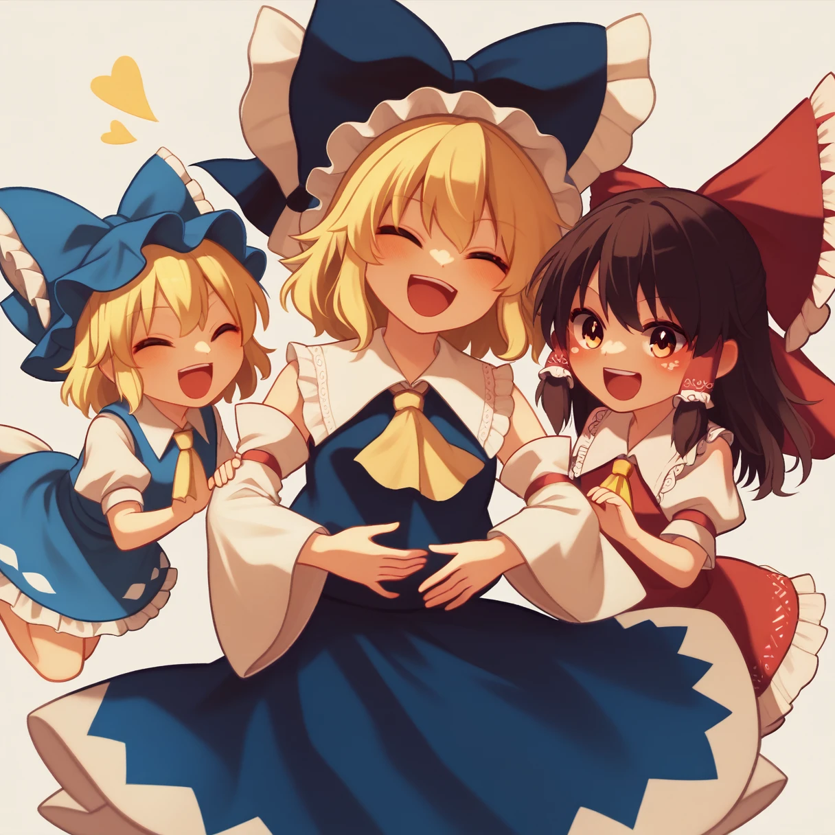 3girls, chibi, cute, playful, touhou project, reimu hakurei, marisa kirisame, cirno, (reimu hakurei and marisa kirisame pointing and laughing at cirno), with "baka 9" texts viewing up and down the frame, highly detailed, masterpiece, 8k, cinematic lighting, vibrant colors, soft pastel palette, whimsical, magical, fantasy