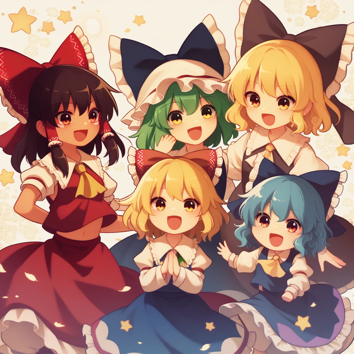 3girls, chibi, cute, playful, touhou project, reimu hakurei, marisa kirisame, cirno, (reimu hakurei and marisa kirisame pointing and laughing at cirno), with "baka 9" texts viewing up and down the frame, highly detailed, masterpiece, 8k, cinematic lighting, vibrant colors, soft pastel palette, whimsical, magical, fantasy