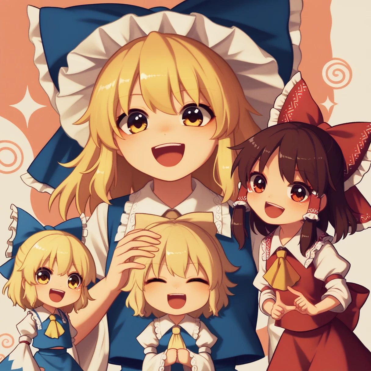 3girls, chibi, cute, playful, touhou project, reimu hakurei, marisa kirisame, cirno, (reimu hakurei and marisa kirisame pointing and laughing at cirno), with "baka 9" texts viewing up and down the frame, highly detailed, masterpiece, 8k, cinematic lighting, vibrant colors, soft pastel palette, whimsical, magical, fantasy