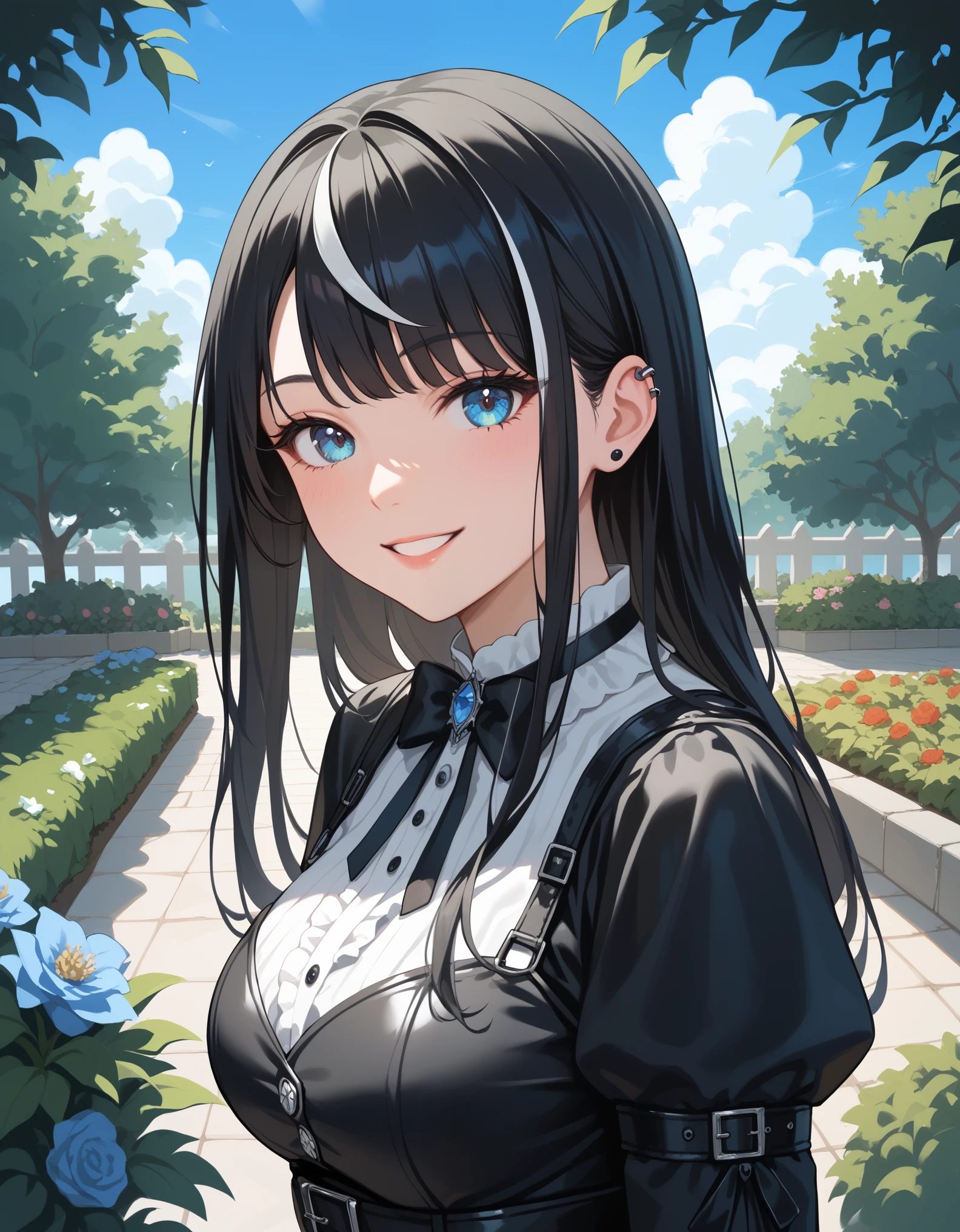 score_9, score_8_up, score_7_up, rating_safe, 1girl, gothic clothes, close-up, looking at viewer, long hair, black hair, streaked hair, smile, garden, bushes, blue sky, 