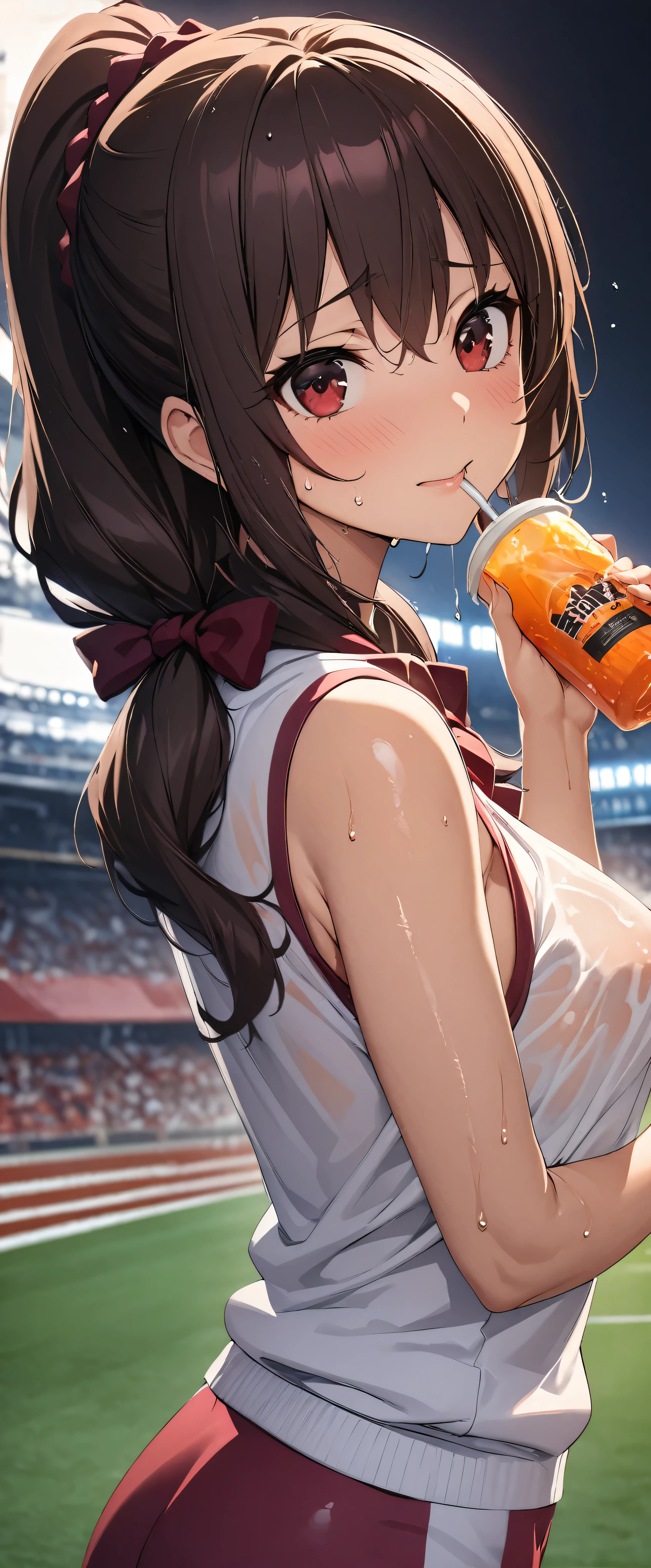 (((masterpiece)))、((Best Quality))、(Ultra-detailed)、(CG illustration)、(Very beautiful woman))、Cinematic Light、((1 Female))、 、(Beautiful and luxurious:1.2)、(One Woman:1.3)Sports Stadium,,((Japanese white sleeveless gym clothes),Wet with sweat,Beautiful ponytail,Drink a sports drink,,Yunyun