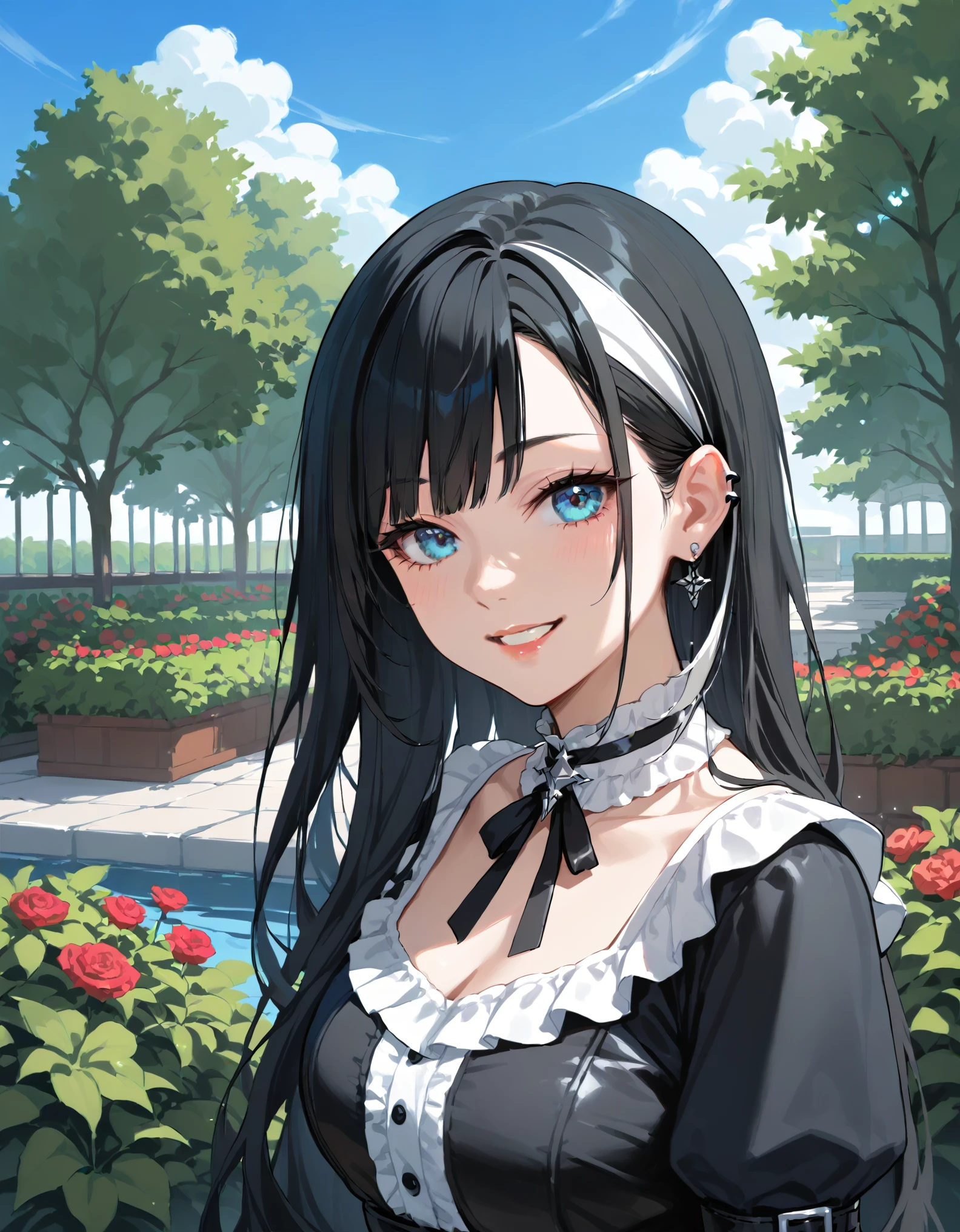 score_9, score_8_up, score_7_up, rating_safe, 1girl, gothic clothes, close-up, looking at viewer, long hair, black hair, streaked hair, smile, garden, bushes, blue sky,