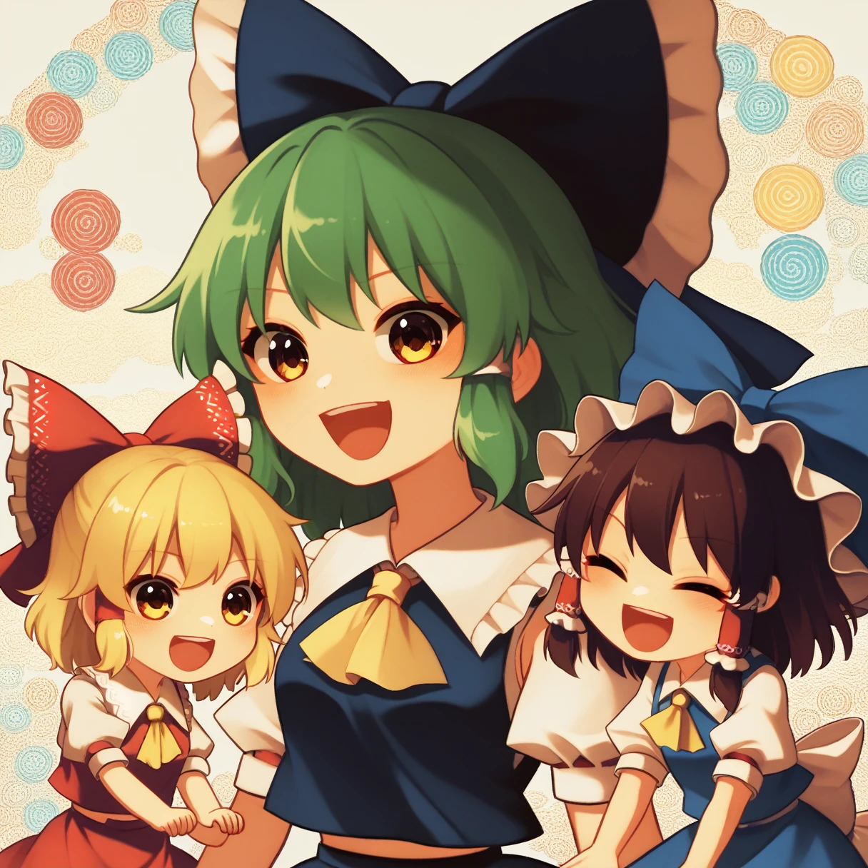 3girls, chibi, cute, playful, touhou project, reimu hakurei, marisa kirisame, cirno, (reimu hakurei and marisa kirisame pointing and laughing at cirno), with "baka 9" texts viewing up and down the frame, highly detailed, masterpiece, 8k, cinematic lighting, vibrant colors, soft pastel palette, whimsical, magical, fantasy 