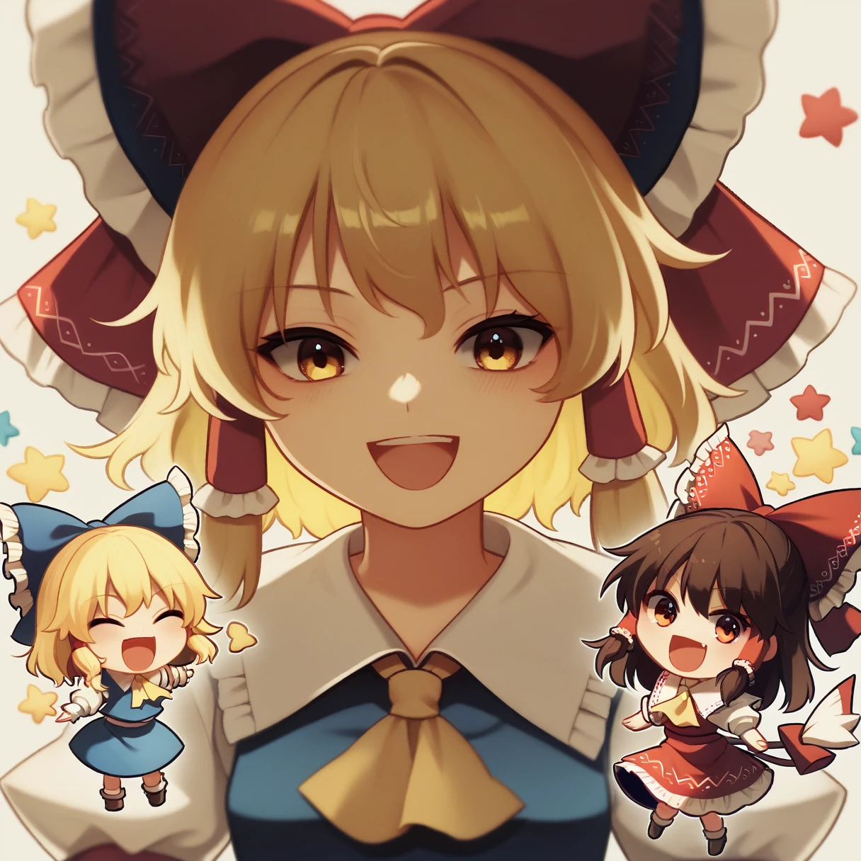 3girls, chibi, cute, playful, touhou project, reimu hakurei, marisa kirisame, cirno, (reimu hakurei and marisa kirisame pointing and laughing at cirno), with "baka 9" texts viewing up and down the frame, highly detailed, masterpiece, 8k, cinematic lighting, vibrant colors, soft pastel palette, whimsical, magical, fantasy 