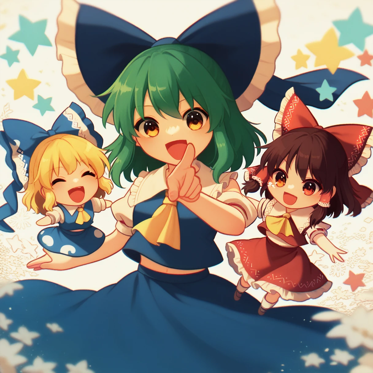 3girls, chibi, cute, playful, touhou project, reimu hakurei, marisa kirisame, cirno, (reimu hakurei and marisa kirisame pointing and laughing at cirno), with "baka 9" texts viewing up and down the frame, highly detailed, masterpiece, 8k, cinematic lighting, vibrant colors, soft pastel palette, whimsical, magical, fantasy 