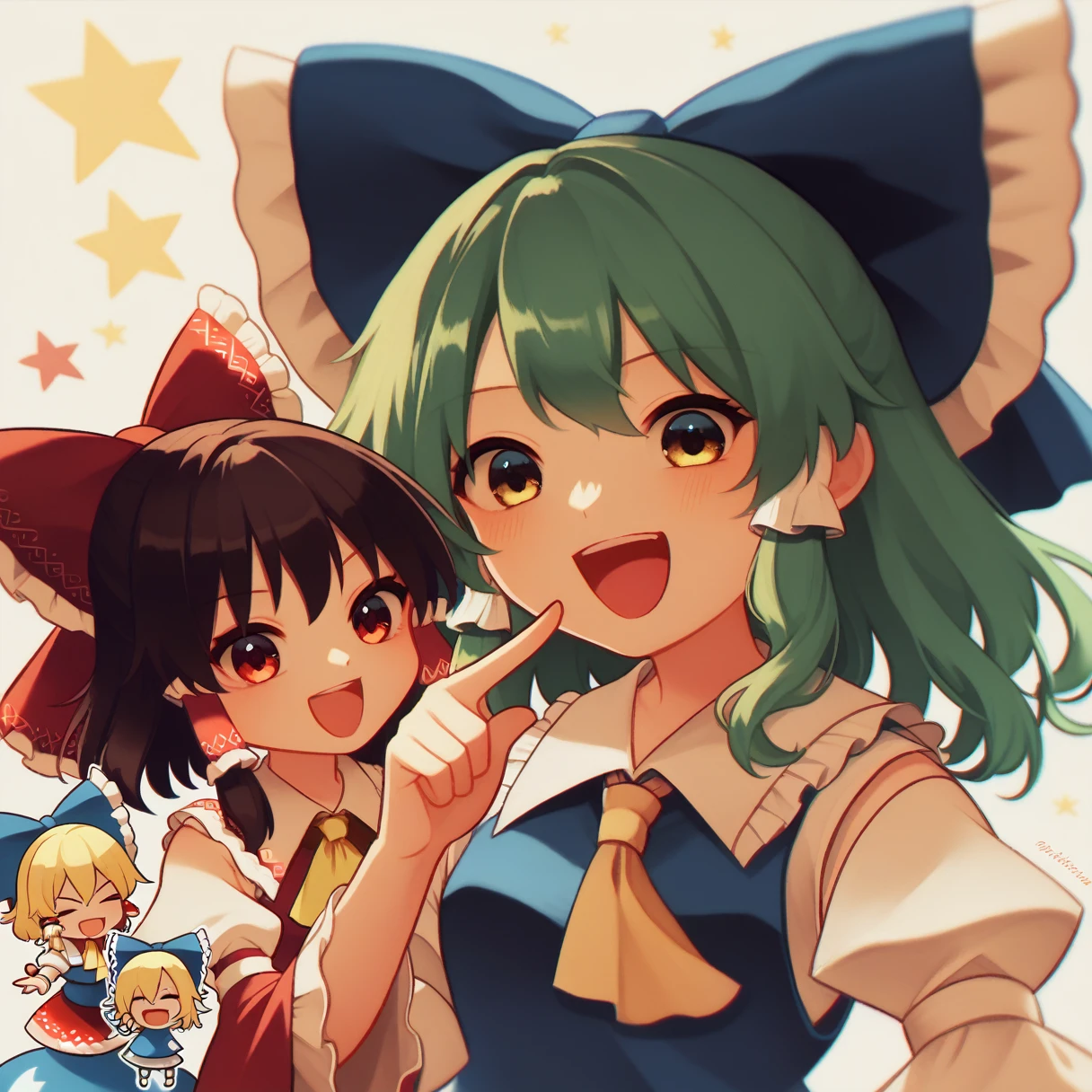 3girls, chibi, cute, playful, touhou project, reimu hakurei, marisa kirisame, cirno, (reimu hakurei and marisa kirisame pointing and laughing at cirno), with "baka 9" texts viewing up and down the frame, highly detailed, masterpiece, 8k, cinematic lighting, vibrant colors, soft pastel palette, whimsical, magical, fantasy 