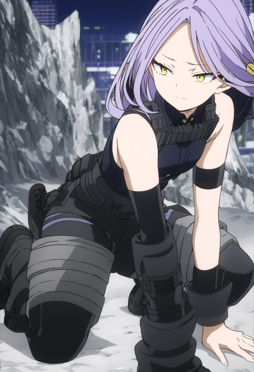 black sleeveless high-collared dress with tactical leggings and black combat boots, long purple hair, and yellow eyes, anime style, female