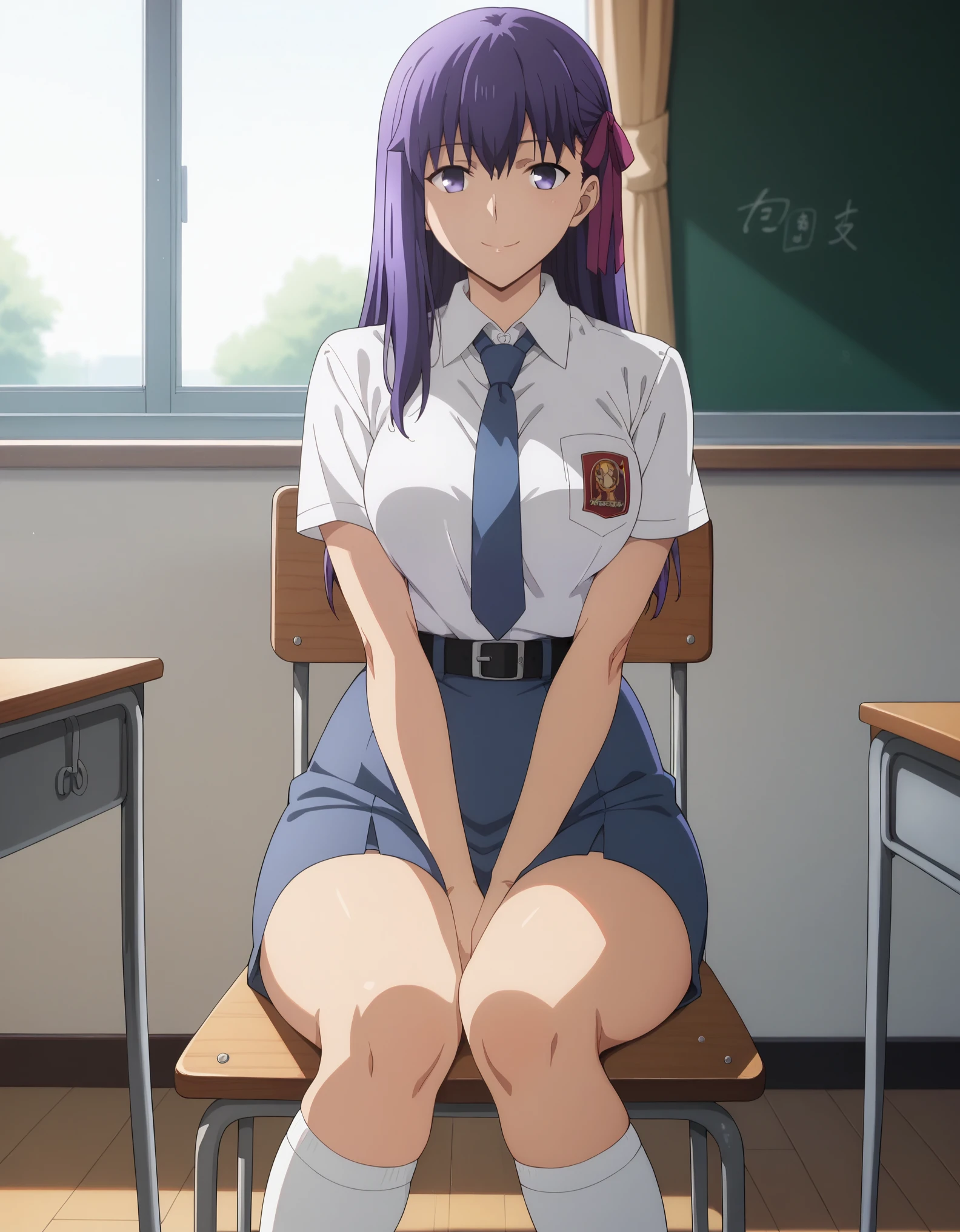 score_9, score_8_up, score_7_up, solo,1girl,sakura matou, long hair, purple eyes, purple hair, ribbon, hair ribbon, large  breasts, tucked in sma shirt, sma necktie, sma belt, sma skirt, sma shirt, sma skirt, inside classroom, windows, chair, tables thighs, looking at viewer, smile, sunligth, sit on chair, socks, hands between thighs, anime screencrap, dutch shot