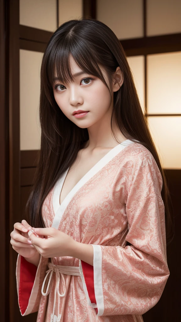 Asian girl with long black hair covering herself with a cloth coming out of the bathroom、Thin and smooth hair、Beautiful Hair、Realistic Women、Photo、