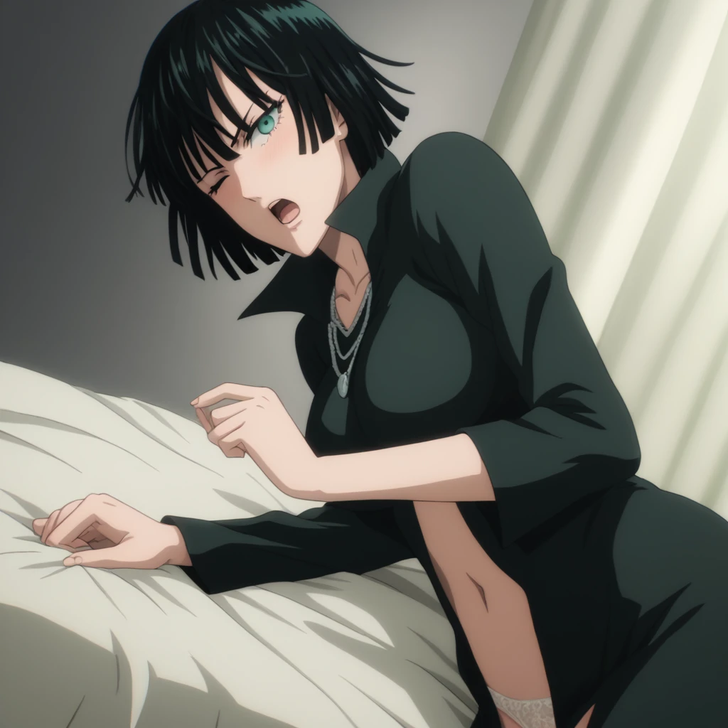 score_9, score_8_up, score_7_up, sauce_anime, ambient light,                                                                                                                                                                             
fubuki, fubuki \(one-punch man\), tall girl, 1 girl ,black hair,  deep green eyes, short hair,,, furrowed brow ,  wince, frown, close up face:0.2,                       
nsfw, (show off breast), navel ,, undress dress black dress , high collar, jewelry, necklace, , taut clothes, taut dress, ,, (detailed lace panties),                                                                                                                                                                                                                               indoors,, bed ,realistic bed room, (on side),                                                                                                                                                    
cowboy shot,, looking at viewer, solo, dutch angle, blush,, , open mouth, saliva,, large breasts