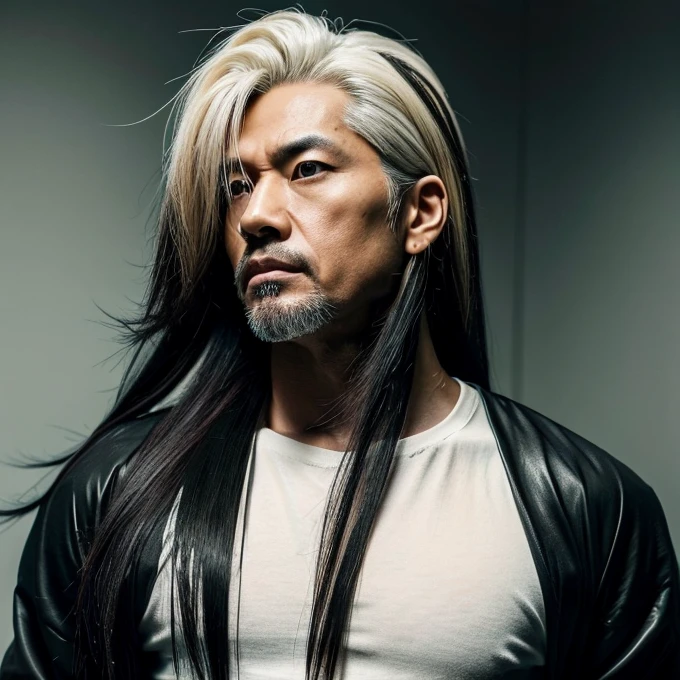 1 man, Japanese man, male, Asian eyes, muscular, broad shoulders, hairstyle Visual Kei style, hair Visual Kei, black men's shirt and black pants, ultra detailed face, hyperrealistic, realistic representation, long hair, long hair, 40 years old, age 40 years, black and blonde hair