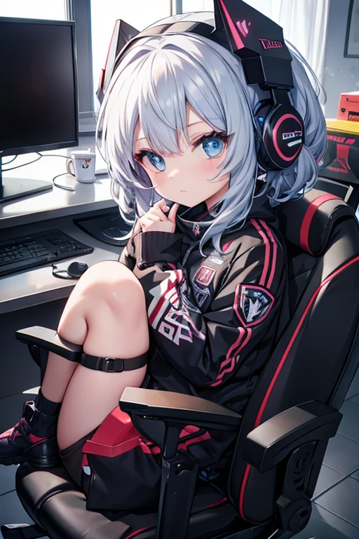 Meisterwerk,1girl,Allein,lange Haare,lockige Haare,gamergirl,pc Gaming,on pc,headset