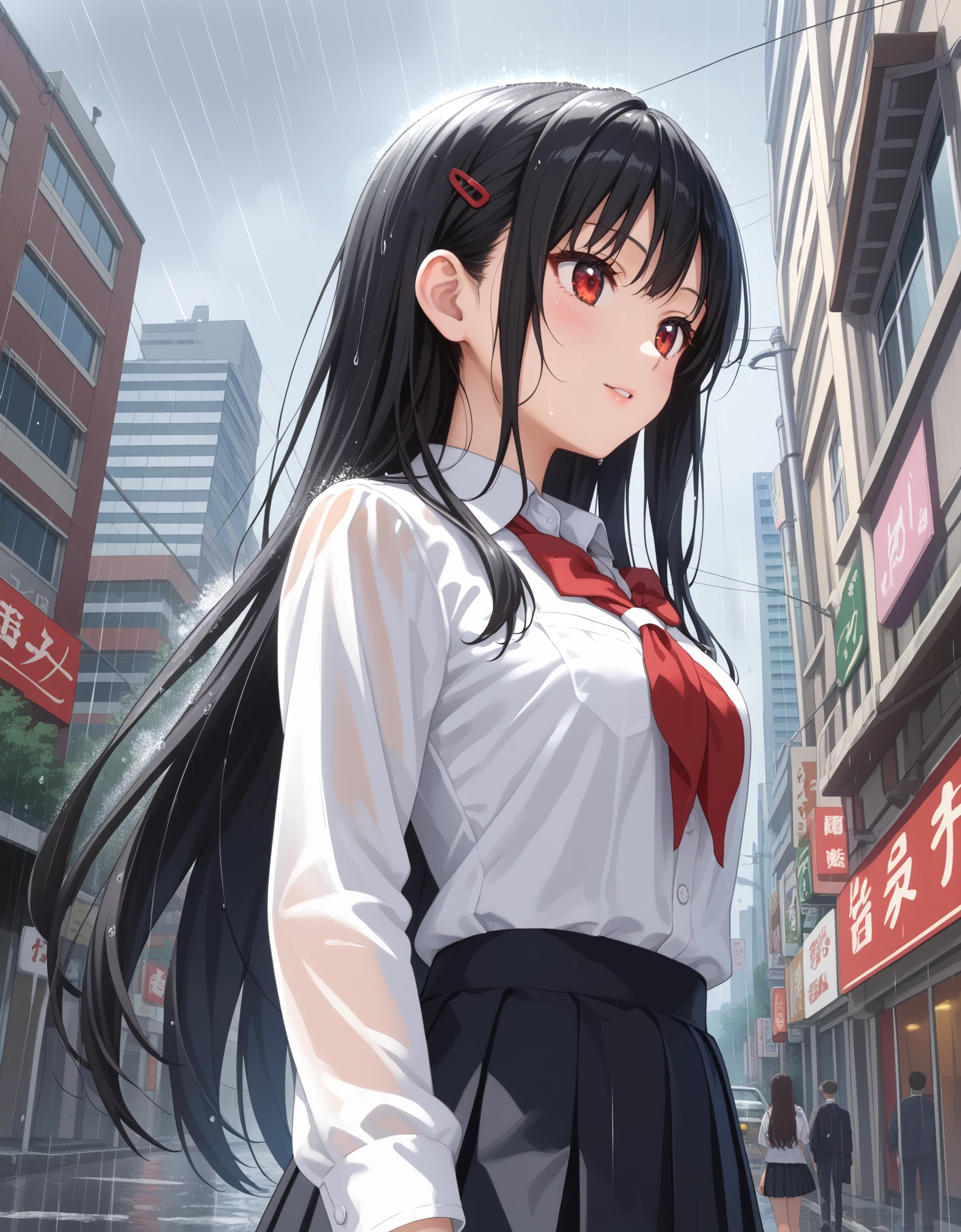 score_9, source_anime, anime_coloring, anime_screencap, rating_sfw, newest,
masterpiece, amazing quality, best quality, detailed, absurdres, illustration, game_cg, intricate, an extremely delicate and beautiful,
1 girl, cute, perfect anatomy, red eyes, pettier,
black hair, very long hair,
white shirt, black skirt, school uniform,
close-up, from below, upper body, 
city, street, rain, 
standing,