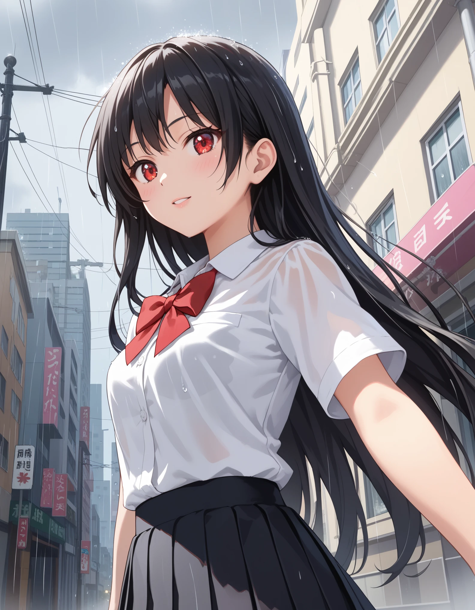 score_9, source_anime, anime_coloring, anime_screencap, rating_sfw, newest,
masterpiece, amazing quality, best quality, detailed, absurdres, illustration, game_cg, intricate, an extremely delicate and beautiful,
1 girl, cute, perfect anatomy, red eyes, pettier,
black hair, very long hair,
white shirt, black skirt, school uniform,
close-up, from below, upper body, 
city, street, rain, 
standing,