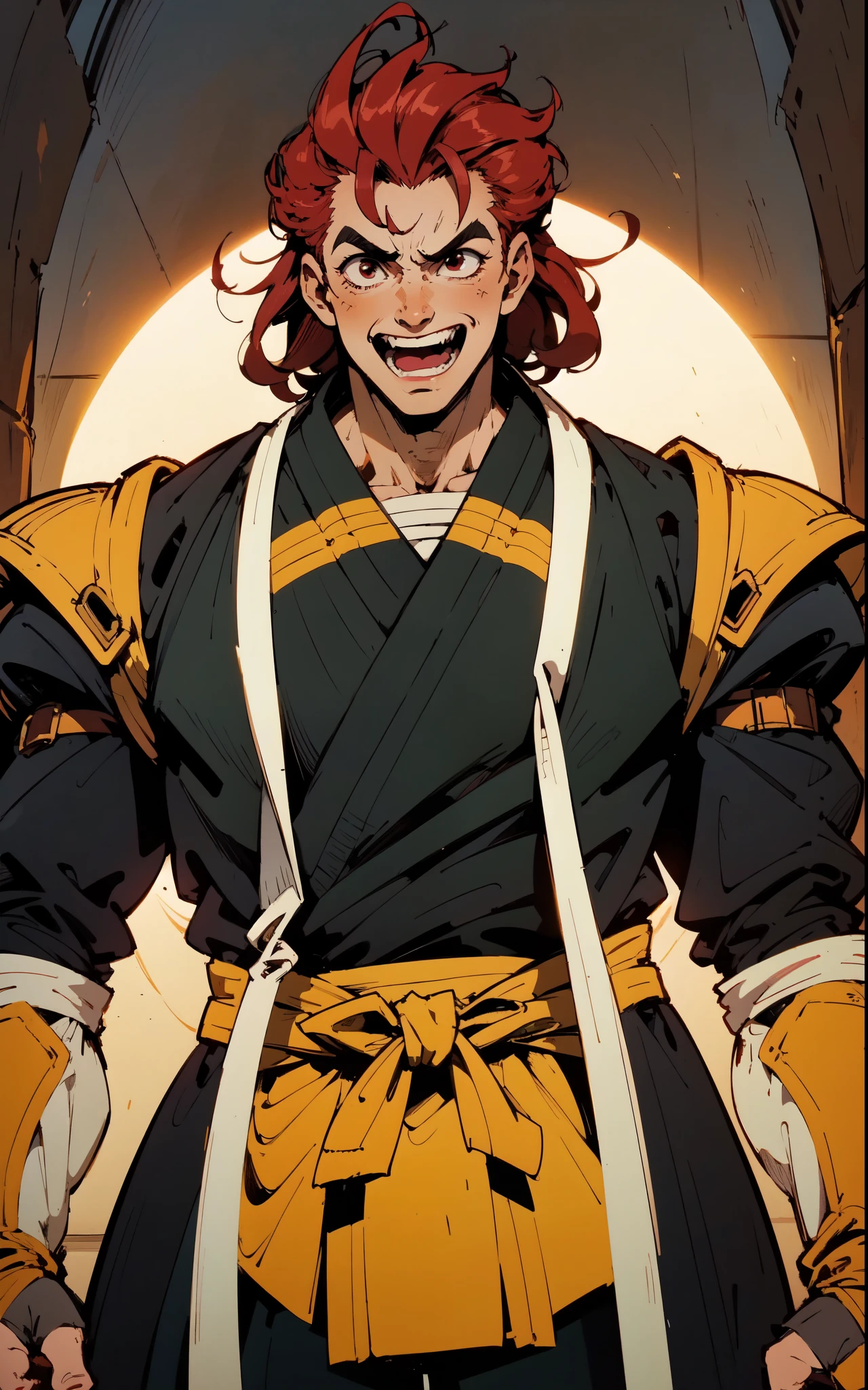 (masterpiece:1.2, best quality:1.2, extremely delicate:1.2), ((male:1.5)), a middle-aged man with messy medium-length red hair, exaggeratedly arched thick eyebrows, wide red eyes, a cross-shaped scar on his forehead, he is laughing wildly, a wild expression, a tall and muscular build, a fantasy martial arts style two piece orange yellow robe coat, a sash wrapped around his waist, skirt and trousers, stands majestically before a million-strong army, this character embodies a finely crafted fantasy martial arts style overlord in anime style, exquisite and mature manga art style, dramatic, high definition, highres, ultra-detailed, ultra-fine painting, professional, perfect body proportions, golden ratio, anatomically correct, symmetrical face, extremely detailed eyes and face, high quality eyes, creativity, RAW photo, UHD, 32k, Natural light, cinematic lighting, (masterpiece-anatomy-perfect:1.2)